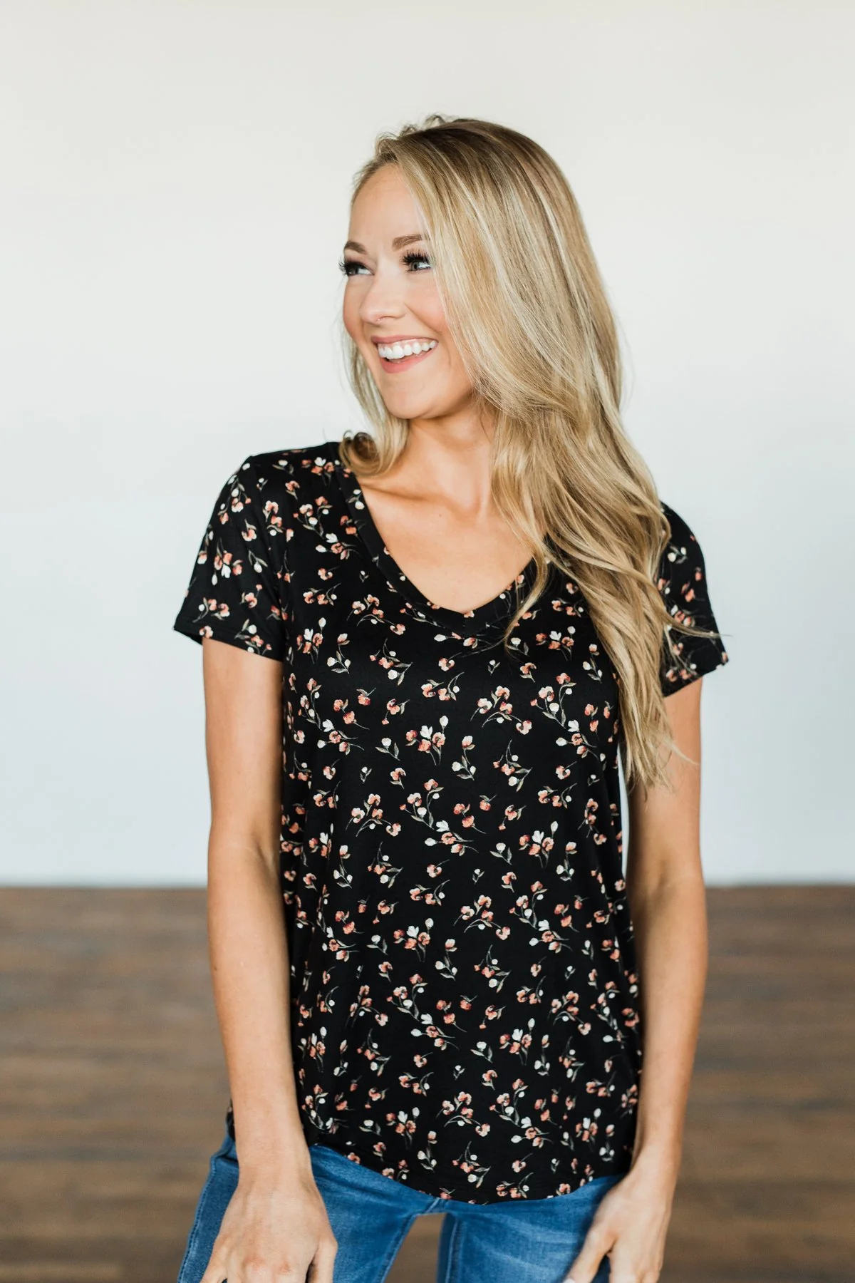 Look To The Sky Floral V-Neck Top- Black - Image 2