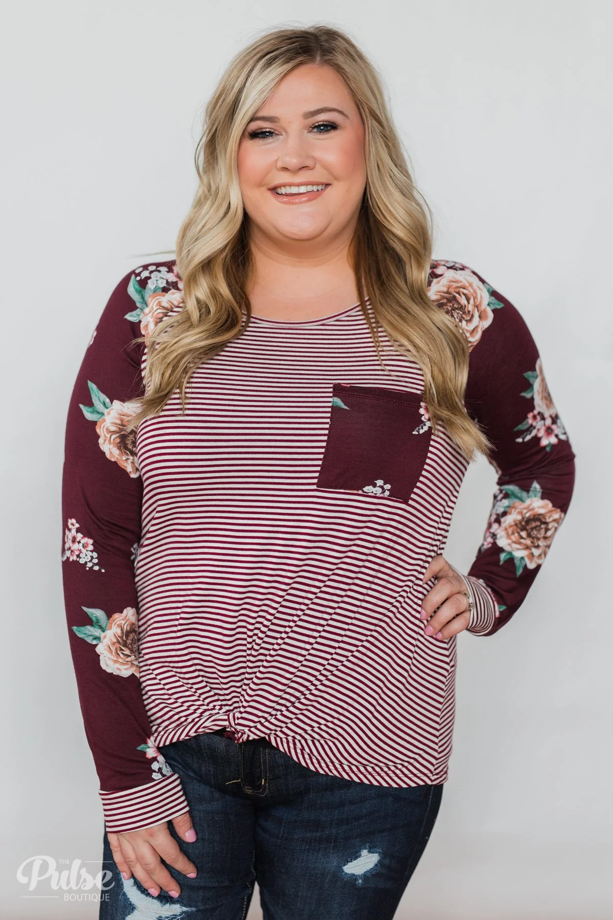 Look to You Floral & Striped Knot Top- Burgundy - Image 10