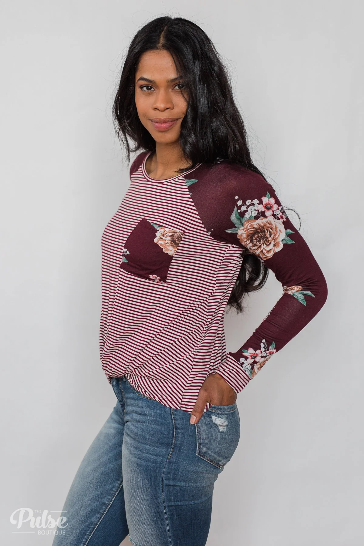 Look to You Floral & Striped Knot Top- Burgundy - Image 13