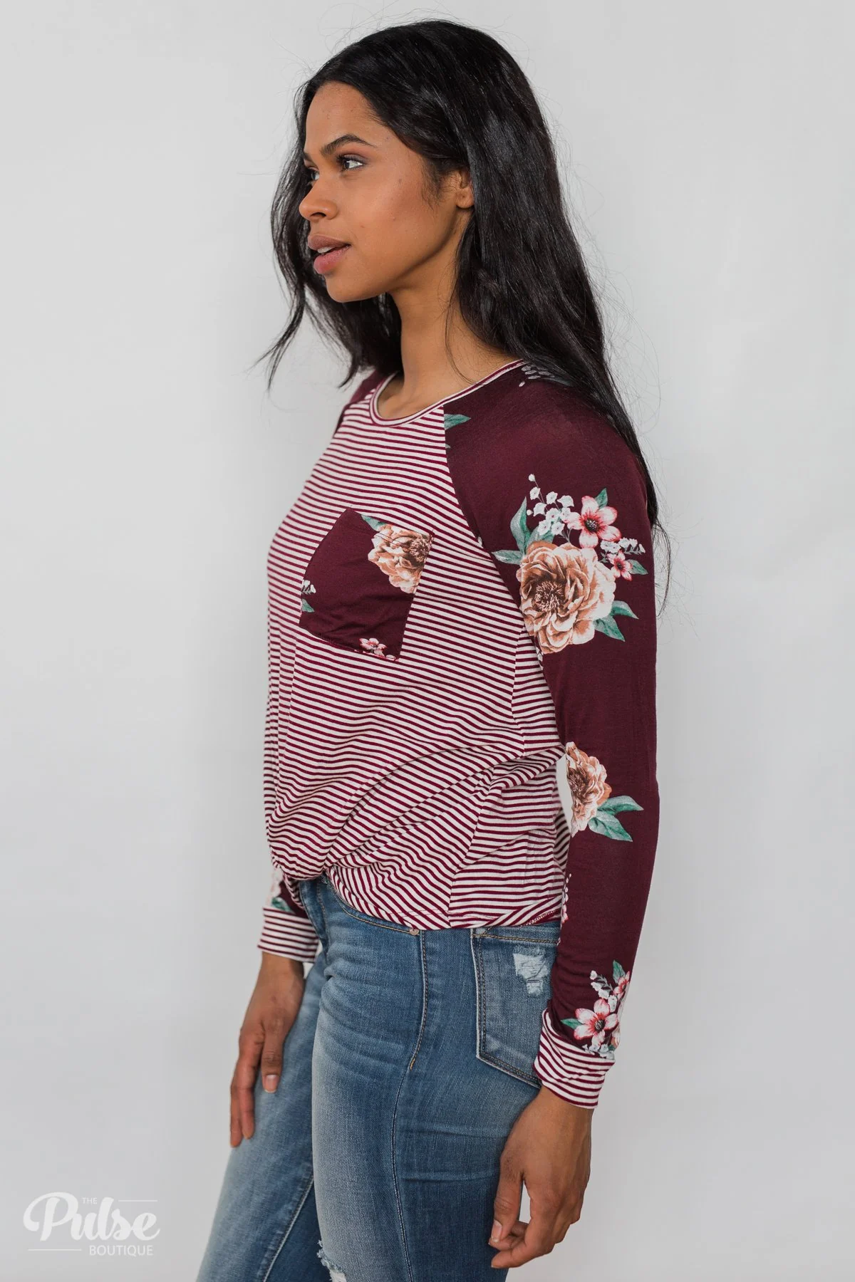 Look to You Floral & Striped Knot Top- Burgundy - Image 14