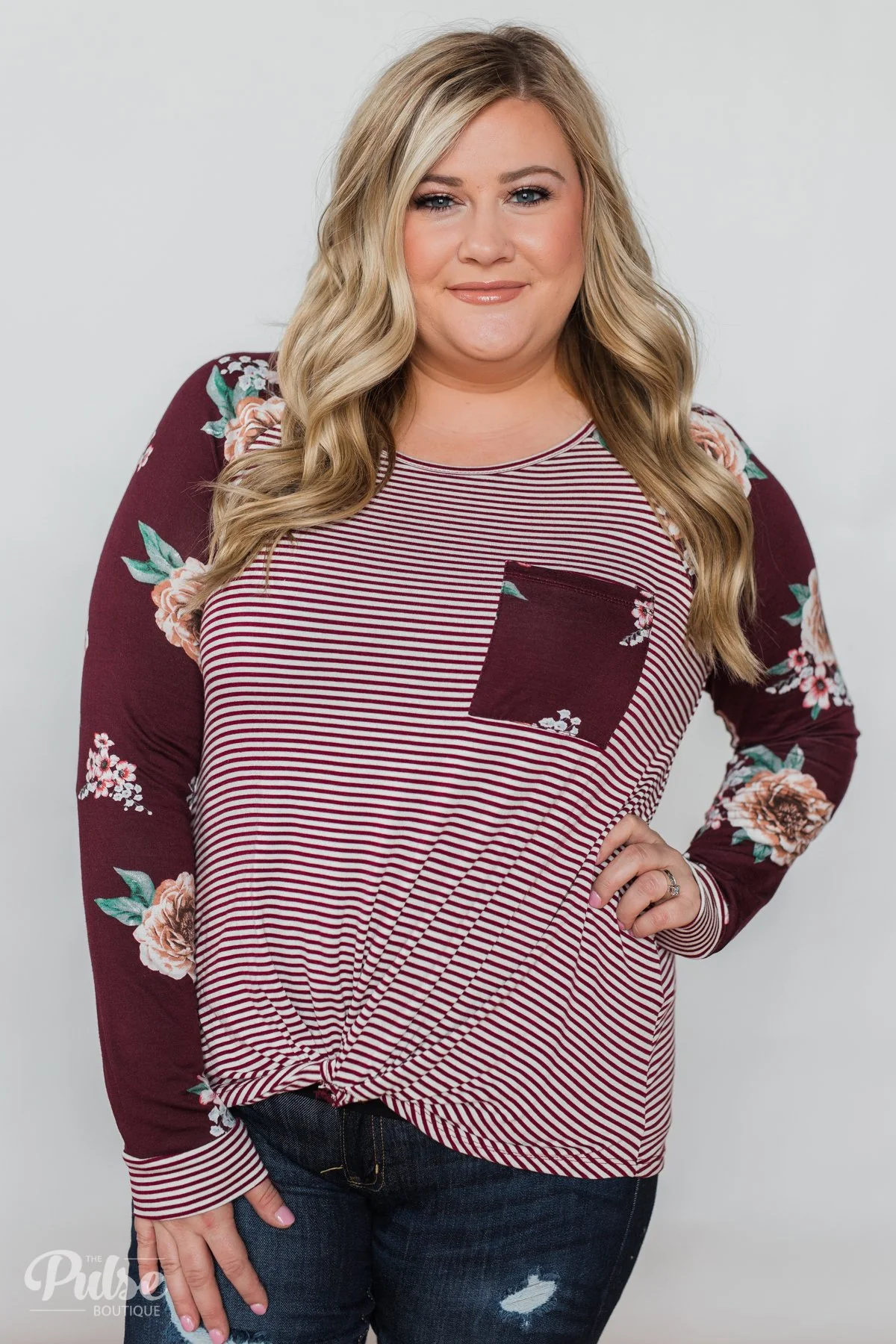 Look to You Floral & Striped Knot Top- Burgundy - Image 2