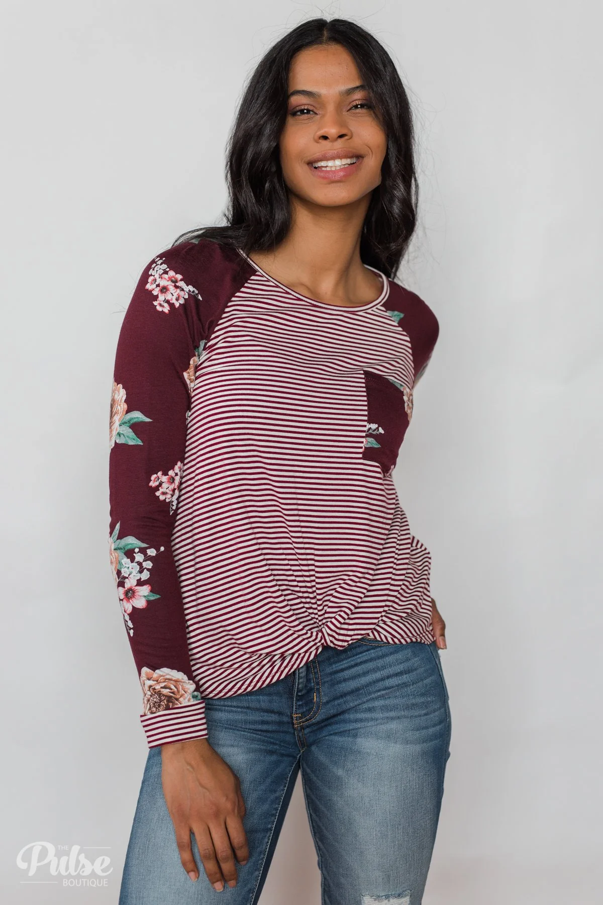Look to You Floral & Striped Knot Top- Burgundy - Image 3
