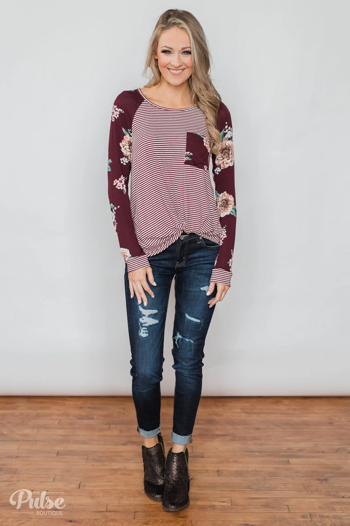 Look to You Floral & Striped Knot Top- Burgundy - Image 4