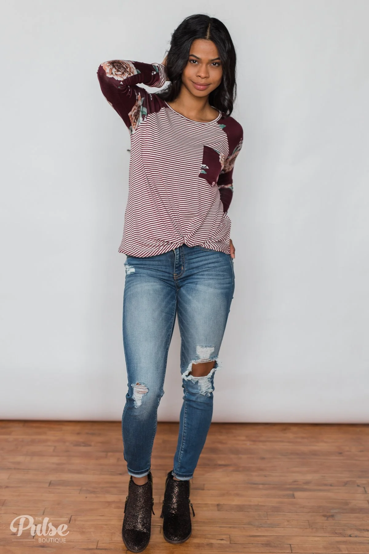 Look to You Floral & Striped Knot Top- Burgundy - Image 6