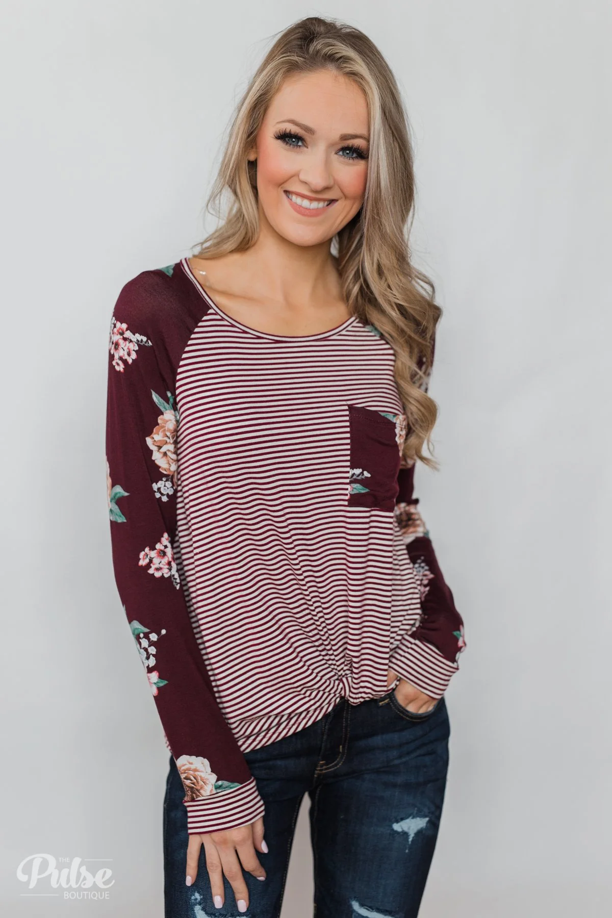 Look to You Floral & Striped Knot Top- Burgundy - Image 7
