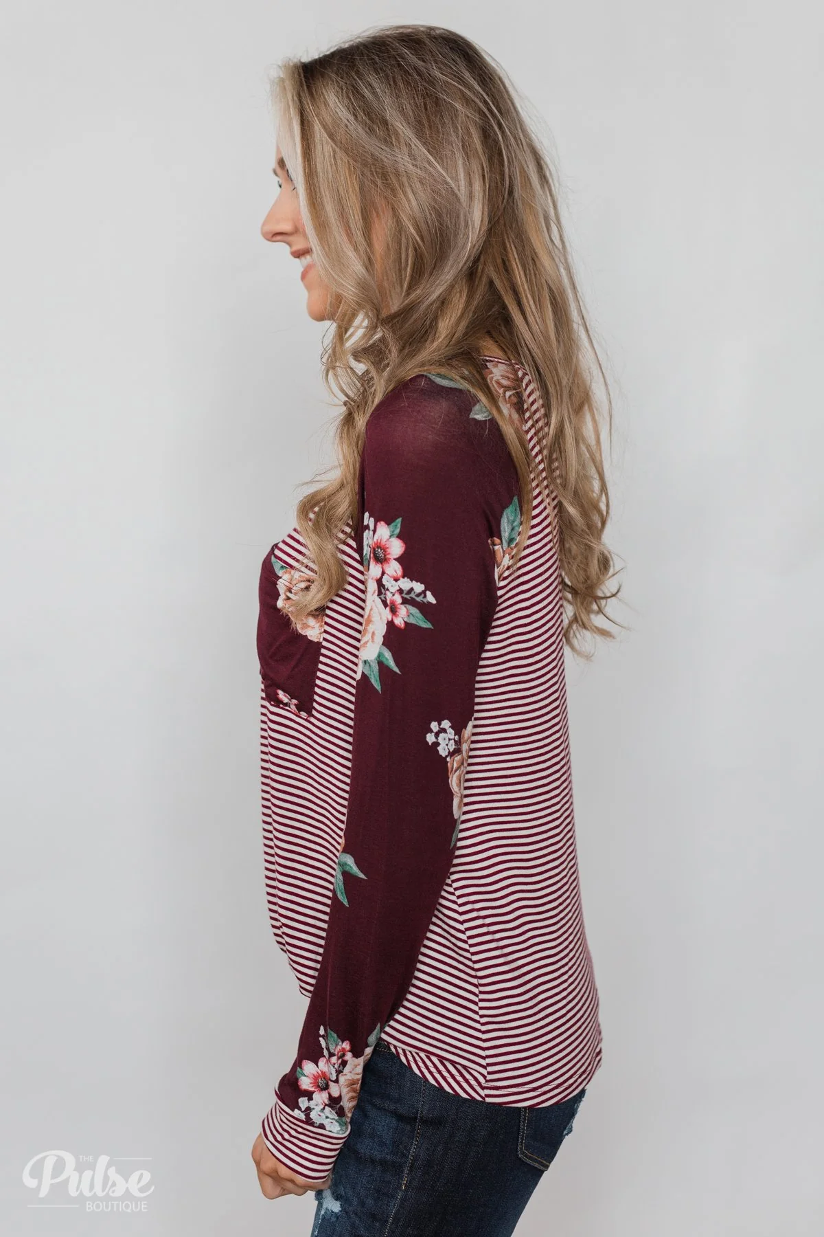 Look to You Floral & Striped Knot Top- Burgundy - Image 8