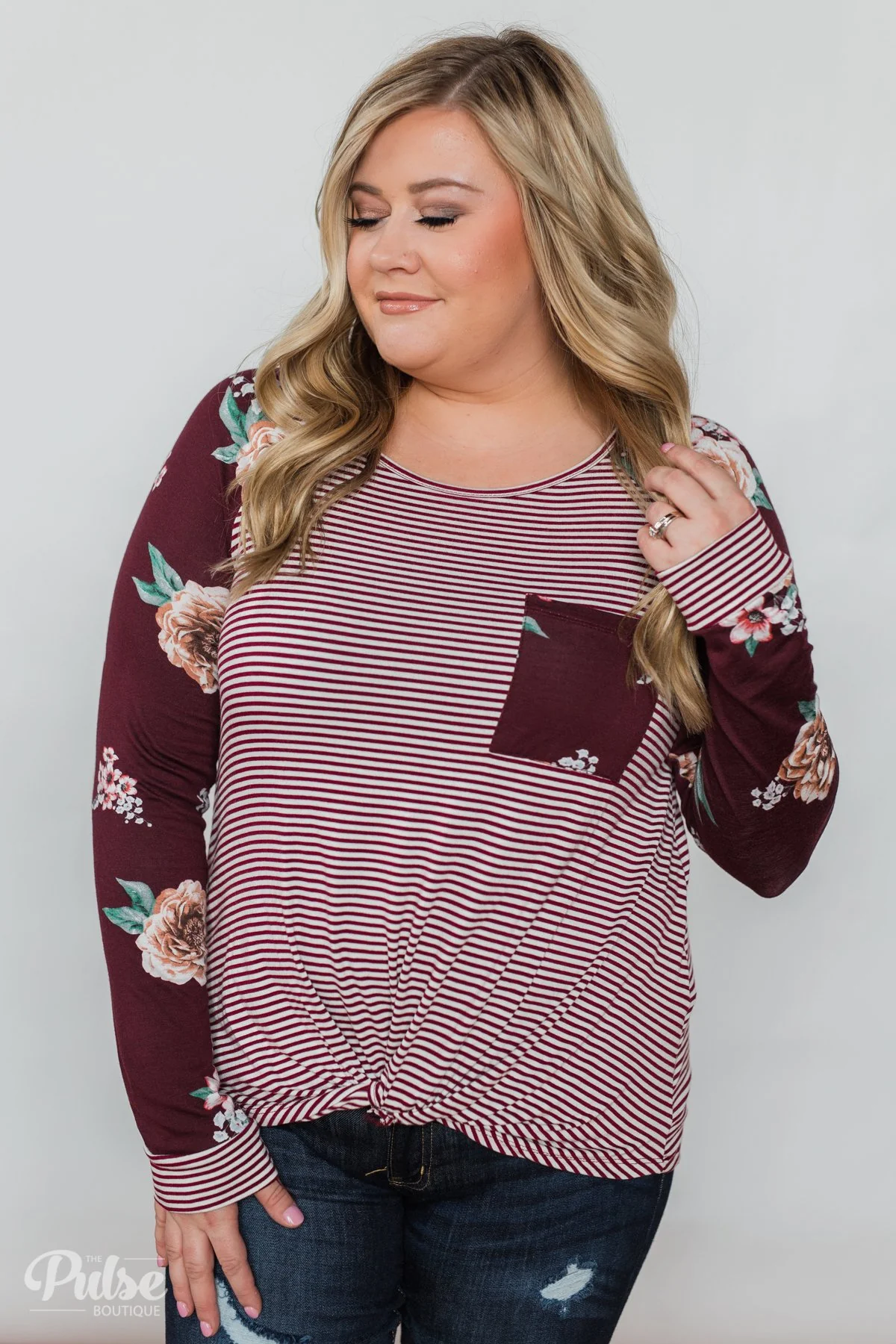 Look to You Floral & Striped Knot Top- Burgundy - Image 9
