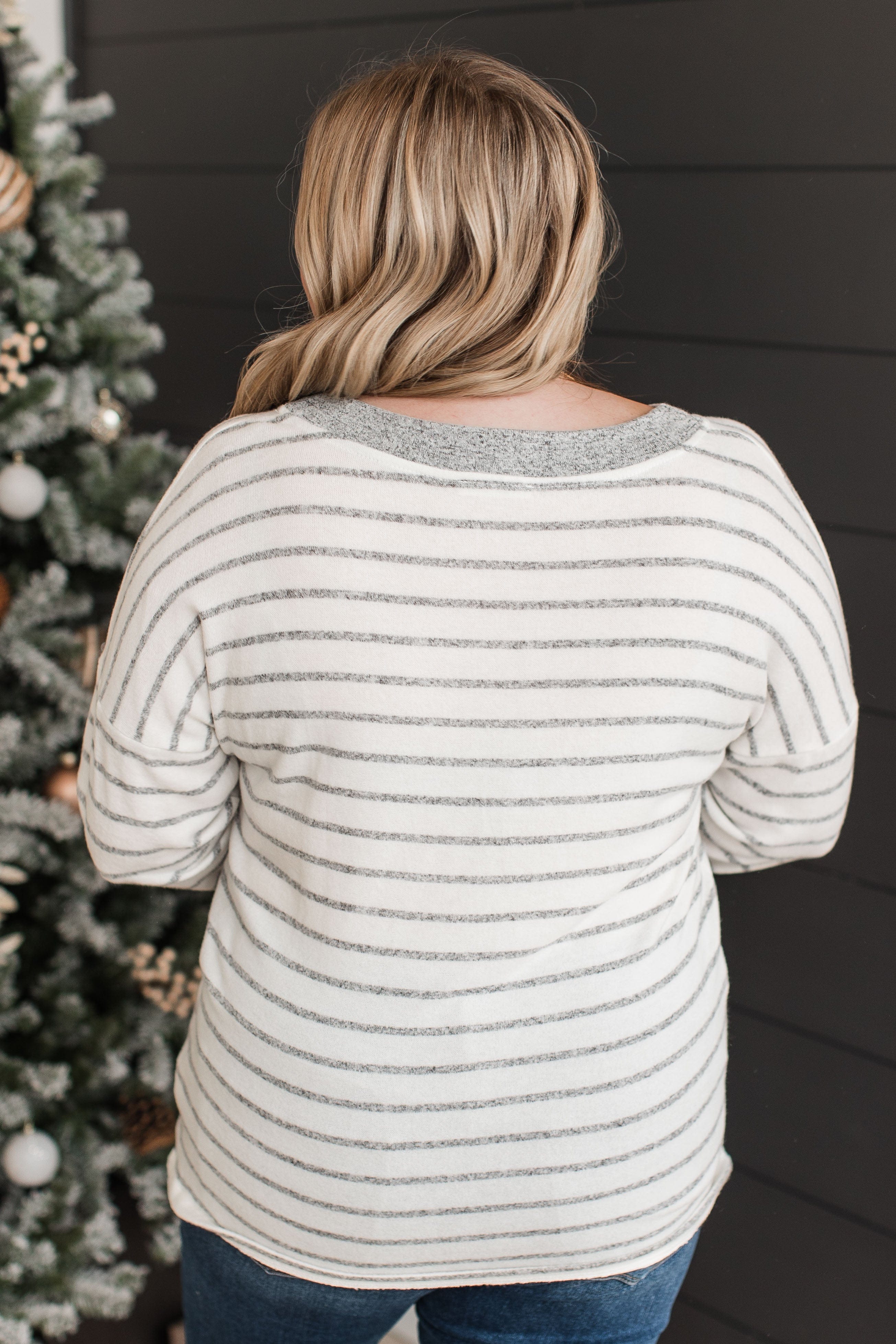 Look Within Striped Knit Top- Heather Grey & Ivory - Image 7