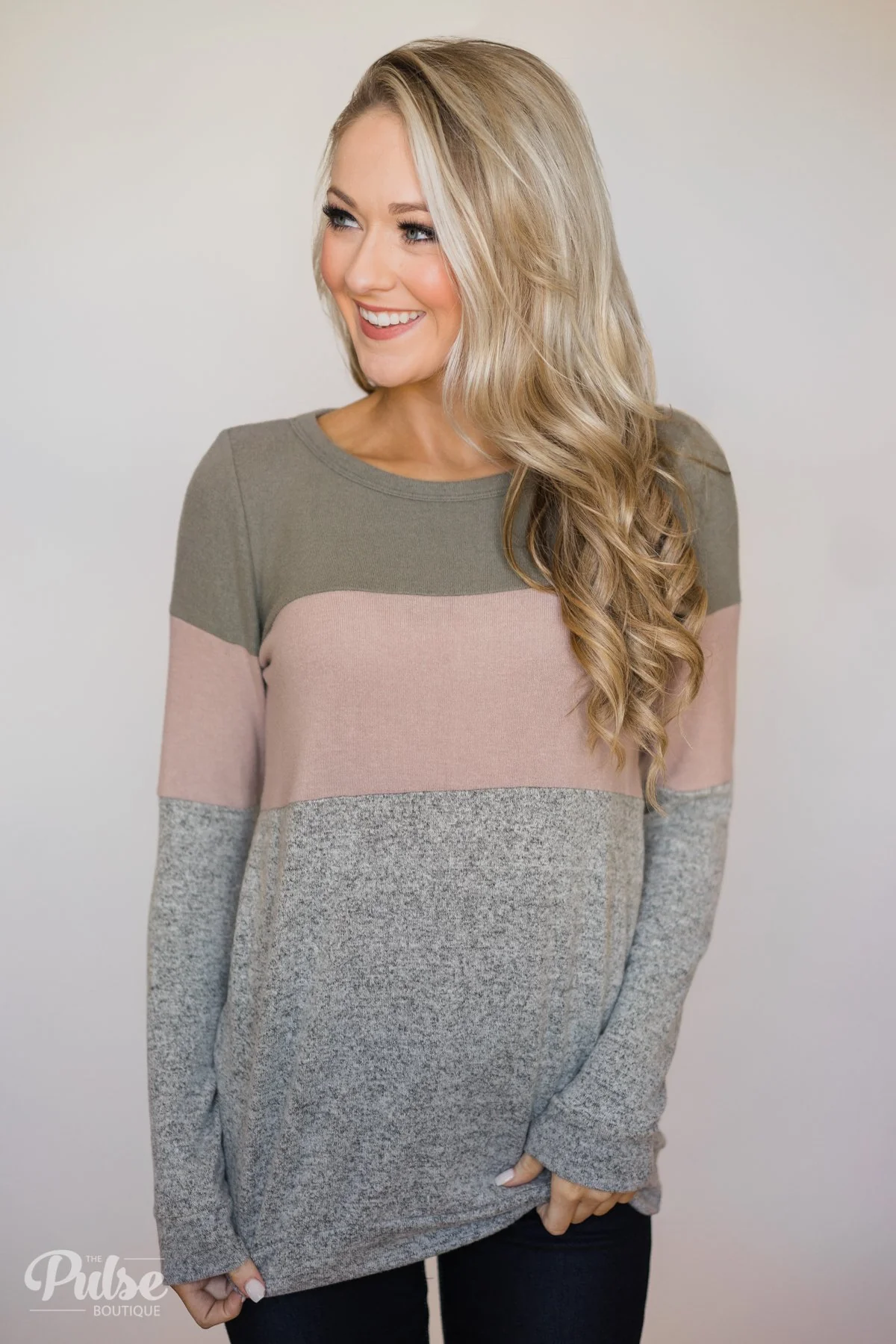 Lookin' Cute In A Color Block Top- Light Olive, Mauve, Grey - Image 4