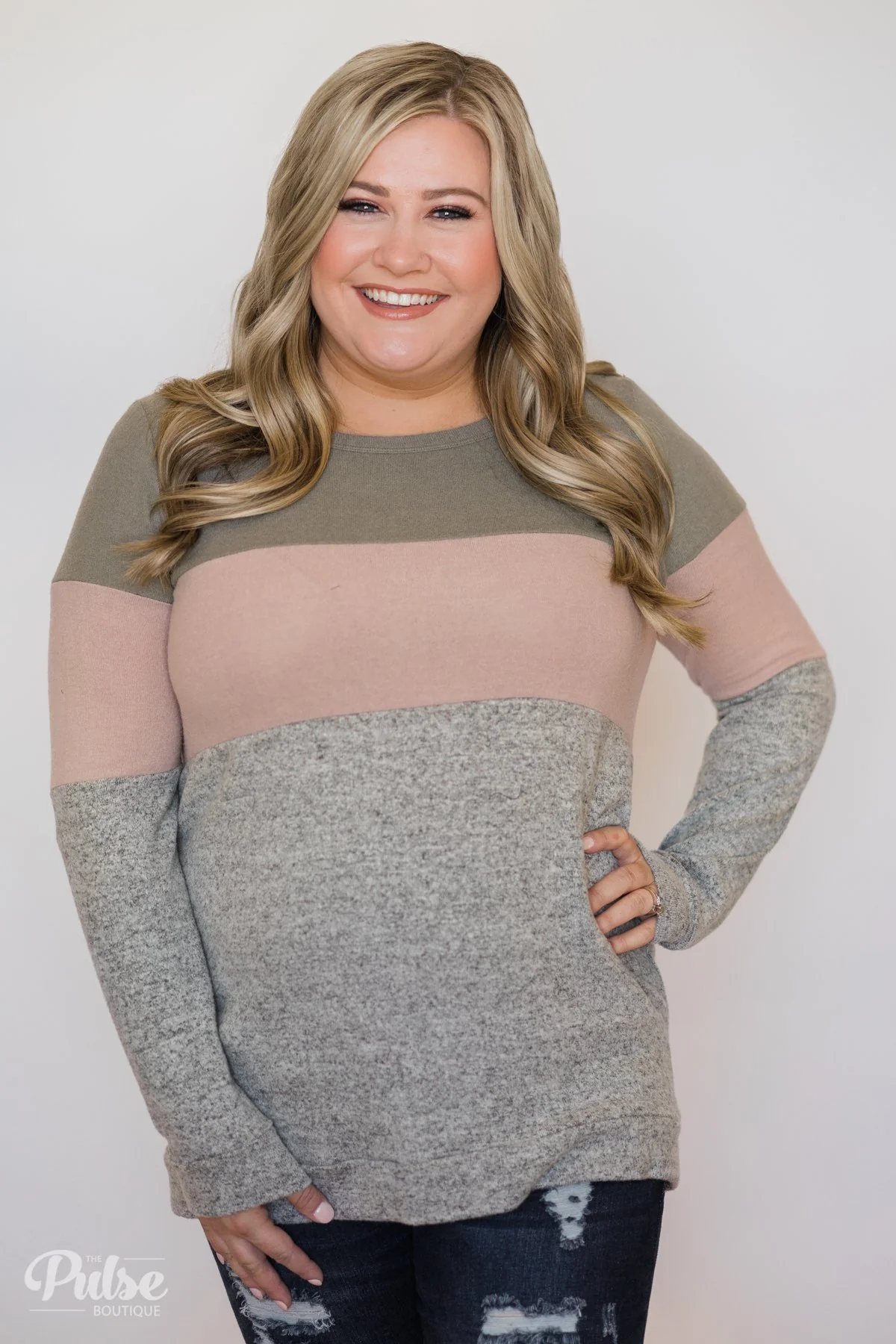 Lookin' Cute In A Color Block Top- Light Olive, Mauve, Grey - Image 7