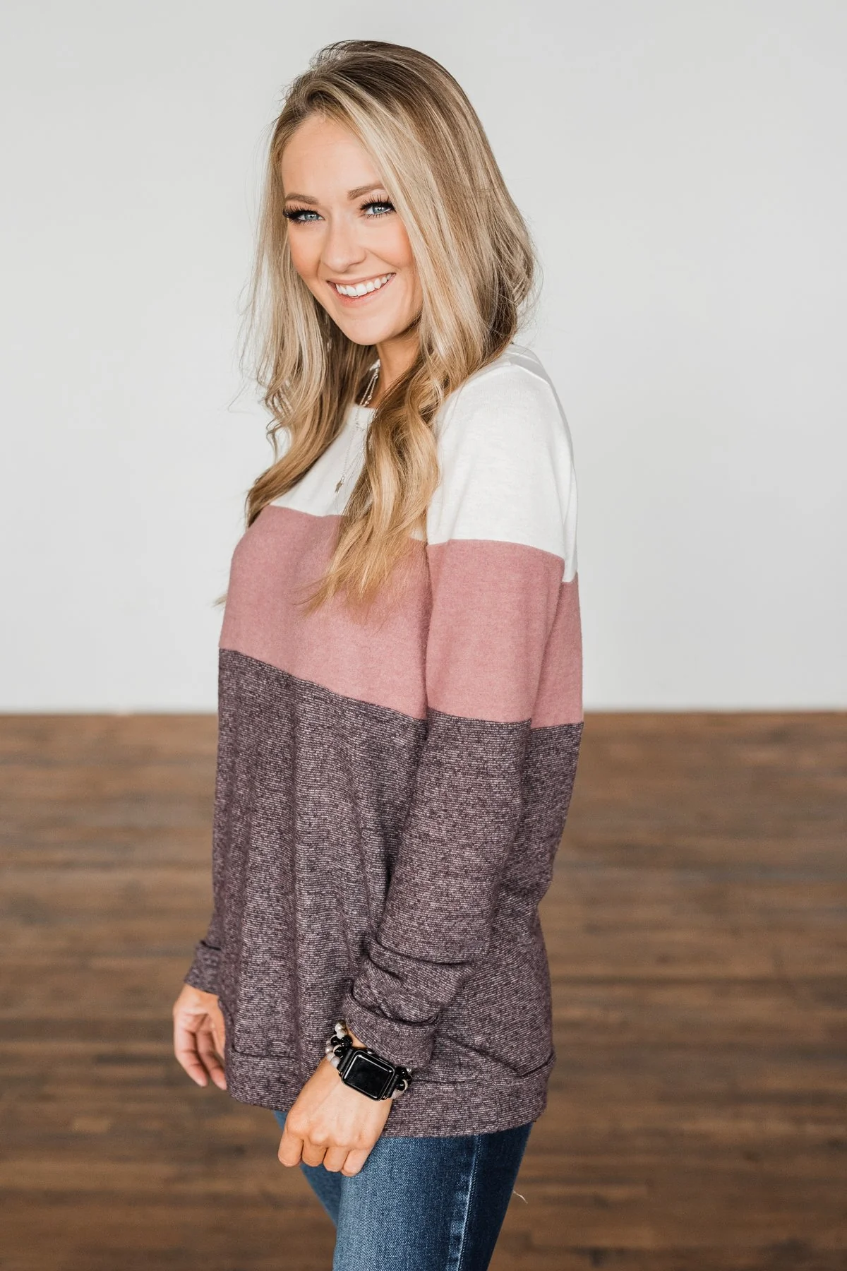 Lookin' Cute In A Color Block Top- Ivory, Dusty Mauve, Plum - Image 10