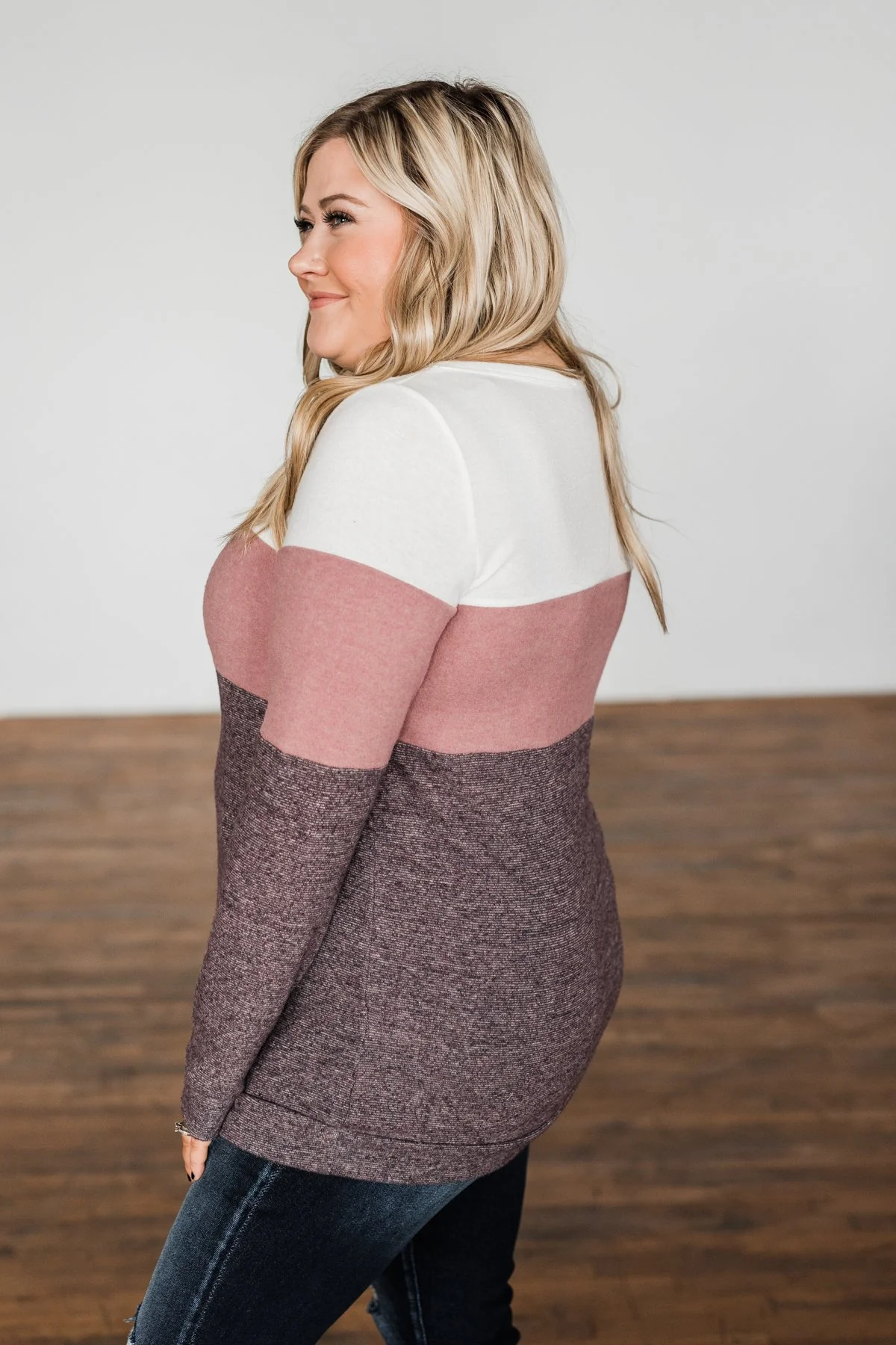 Lookin' Cute In A Color Block Top- Ivory, Dusty Mauve, Plum - Image 11