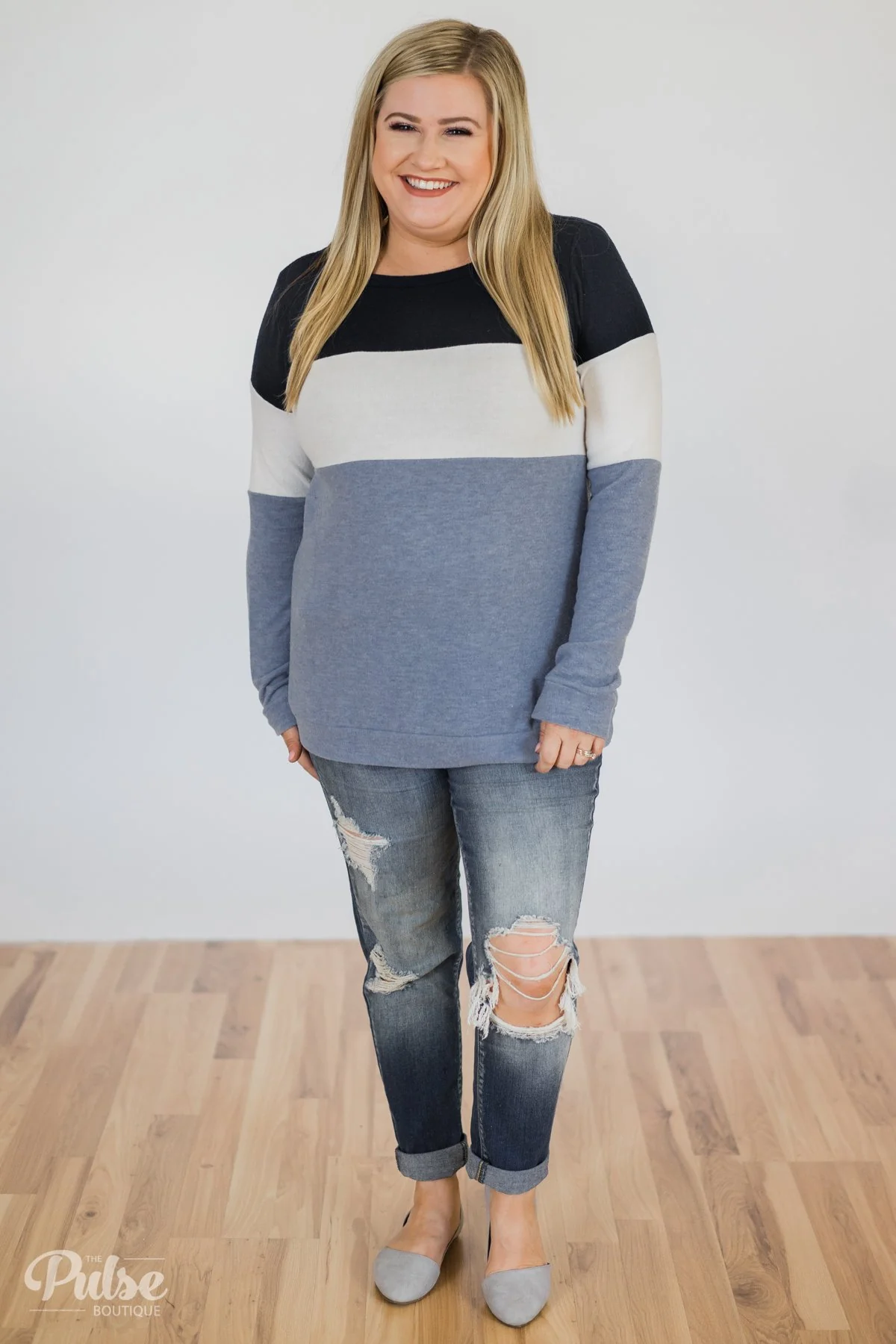 Lookin' Cute In A Color Block Top- Light Blue & Navy - Image 3