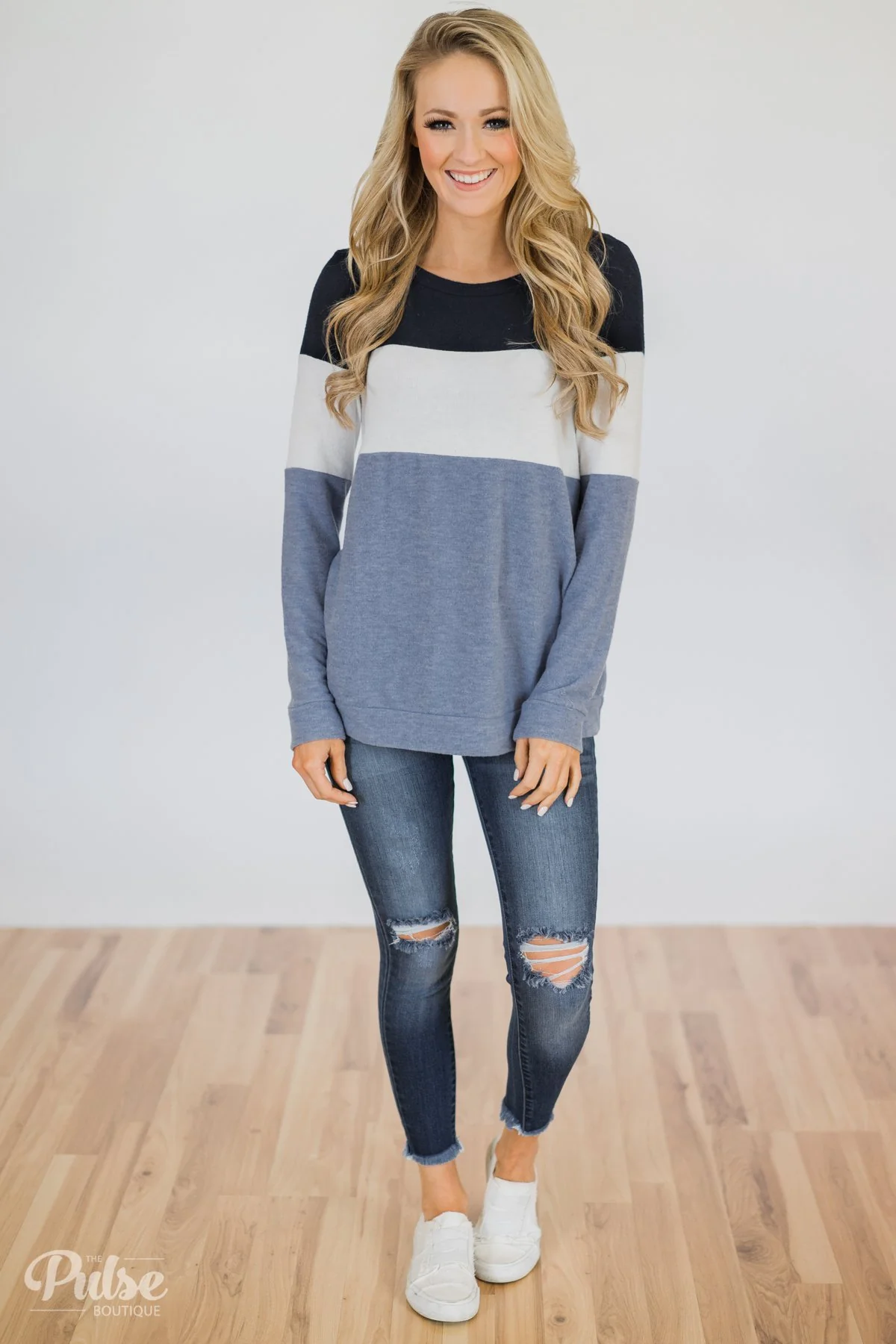 Lookin' Cute In A Color Block Top- Light Blue & Navy - Image 4