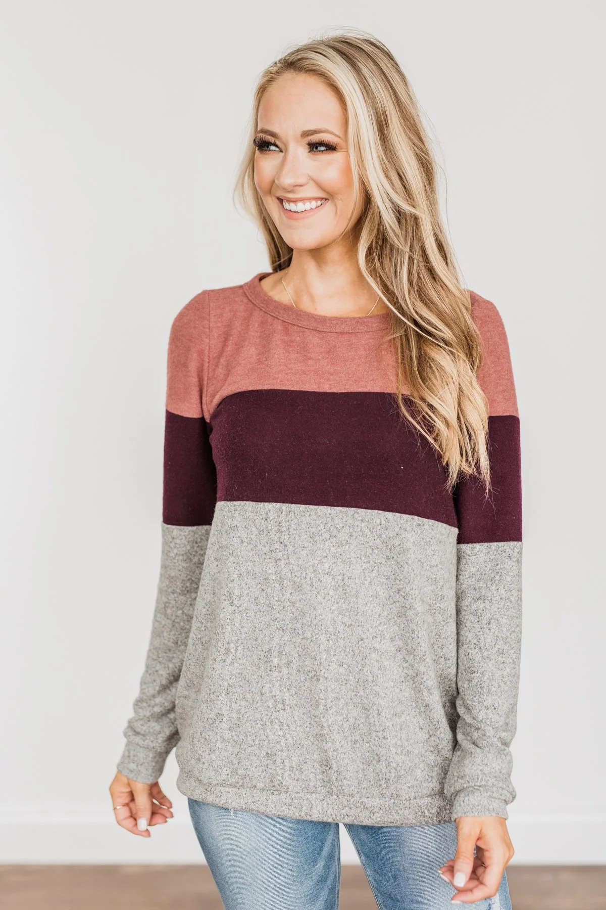 Lookin' Cute In A Color Block Top- Light Brick, Plum & Grey - Image 2