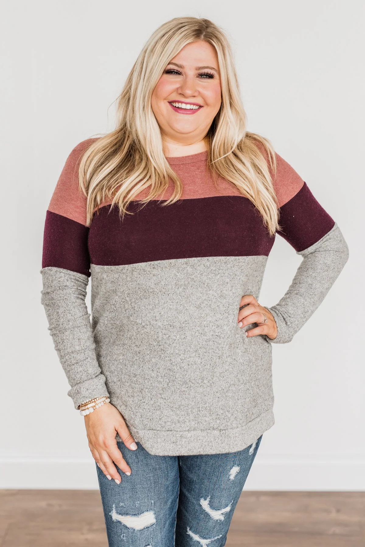 Lookin' Cute In A Color Block Top- Light Brick, Plum & Grey - Image 3