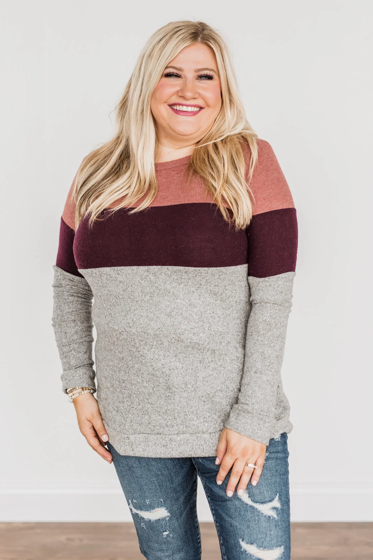 Lookin' Cute In A Color Block Top- Light Brick, Plum & Grey - Image 7