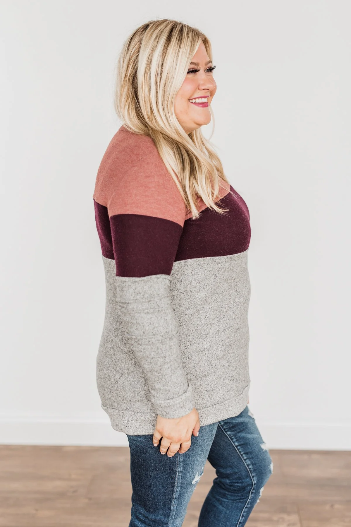 Lookin' Cute In A Color Block Top- Light Brick, Plum & Grey - Image 8