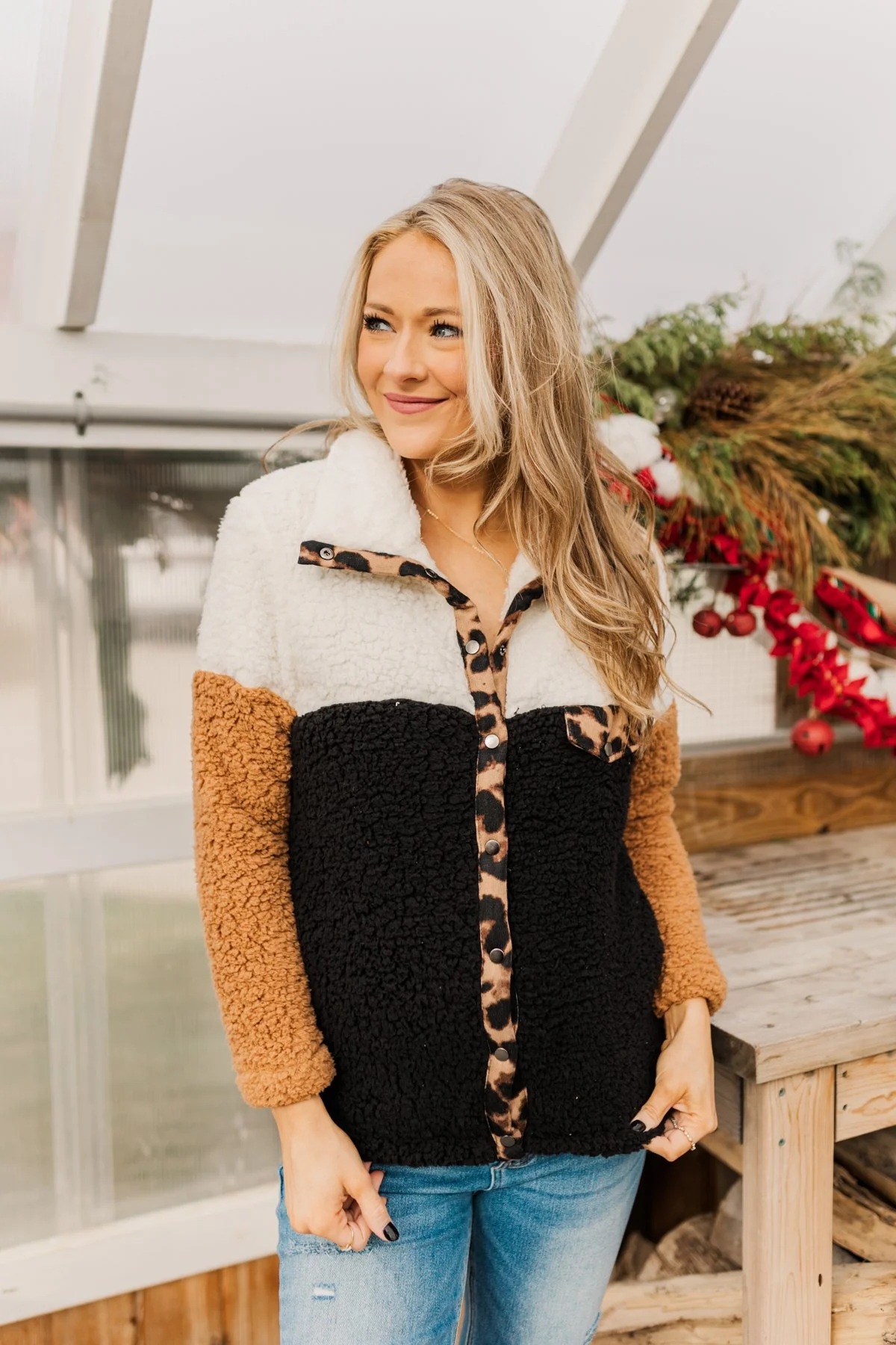 Looking Feisty Button Up Sherpa- Ivory & Camel - Image 2