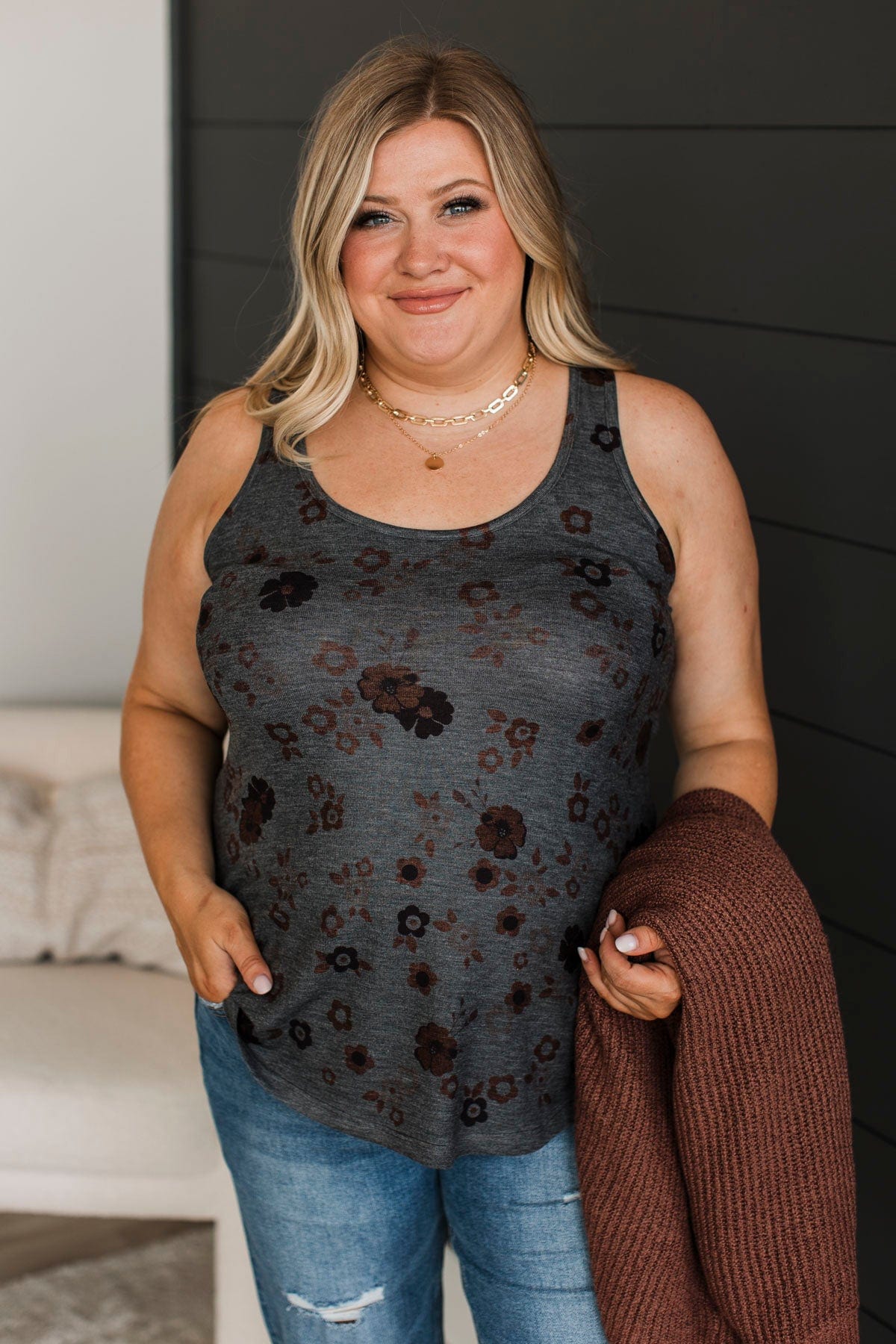 Looking For Flattery Floral Tank Top- Charcoal - Image 2