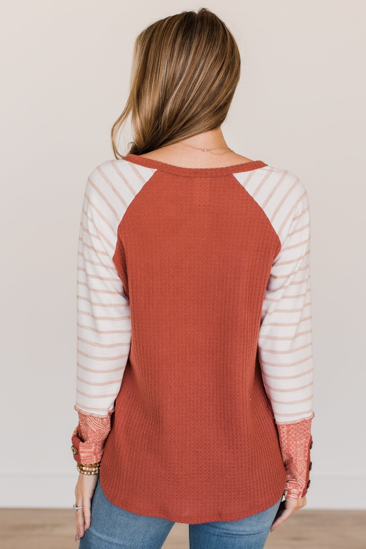 Looking For Signs Waffle Knit Button Top- Rust - Image 7