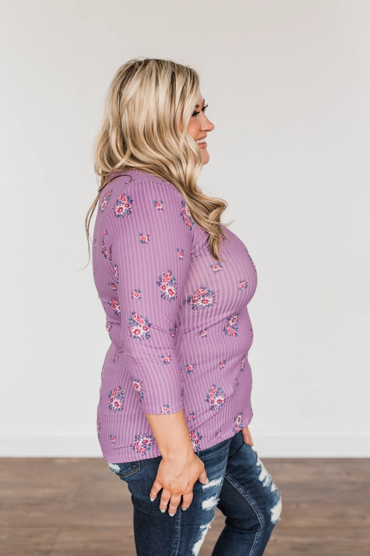 Looking Forward Floral Henley Top- Purple - Image 7