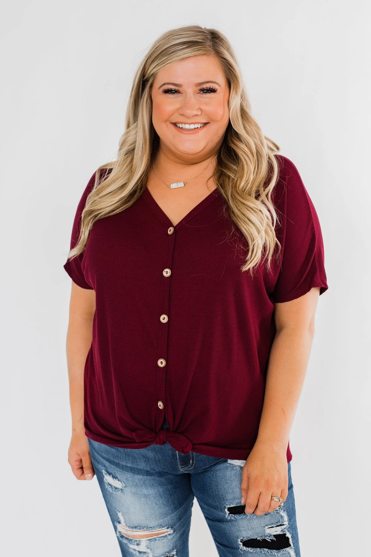 Looking Good Thermal Short Sleeve Top- Burgundy - Image 2