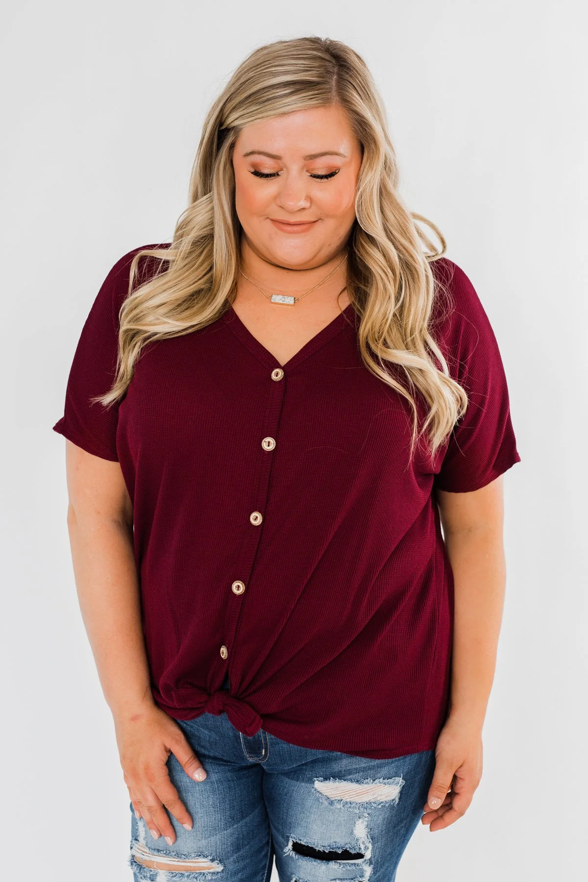 Looking Good Thermal Short Sleeve Top- Burgundy - Image 4