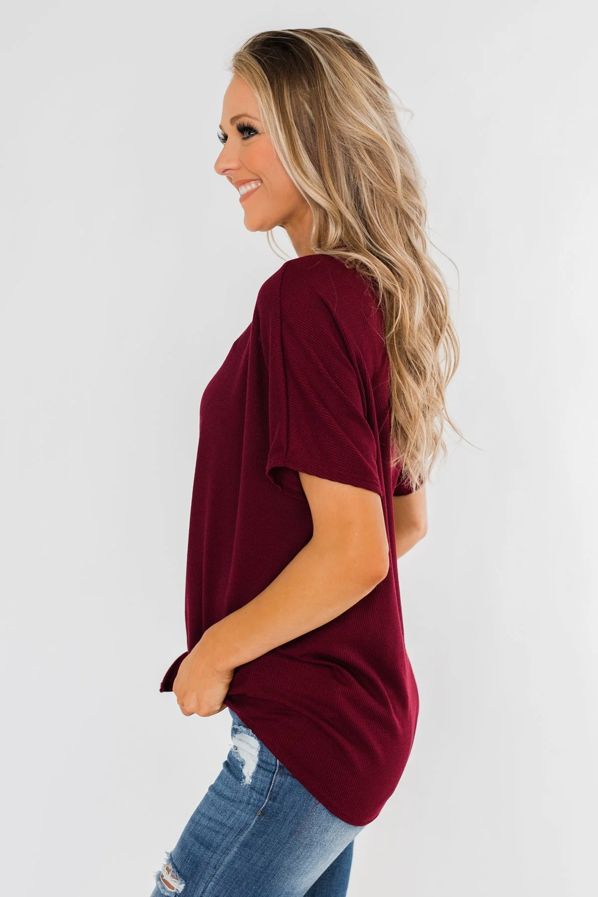Looking Good Thermal Short Sleeve Top- Burgundy - Image 5