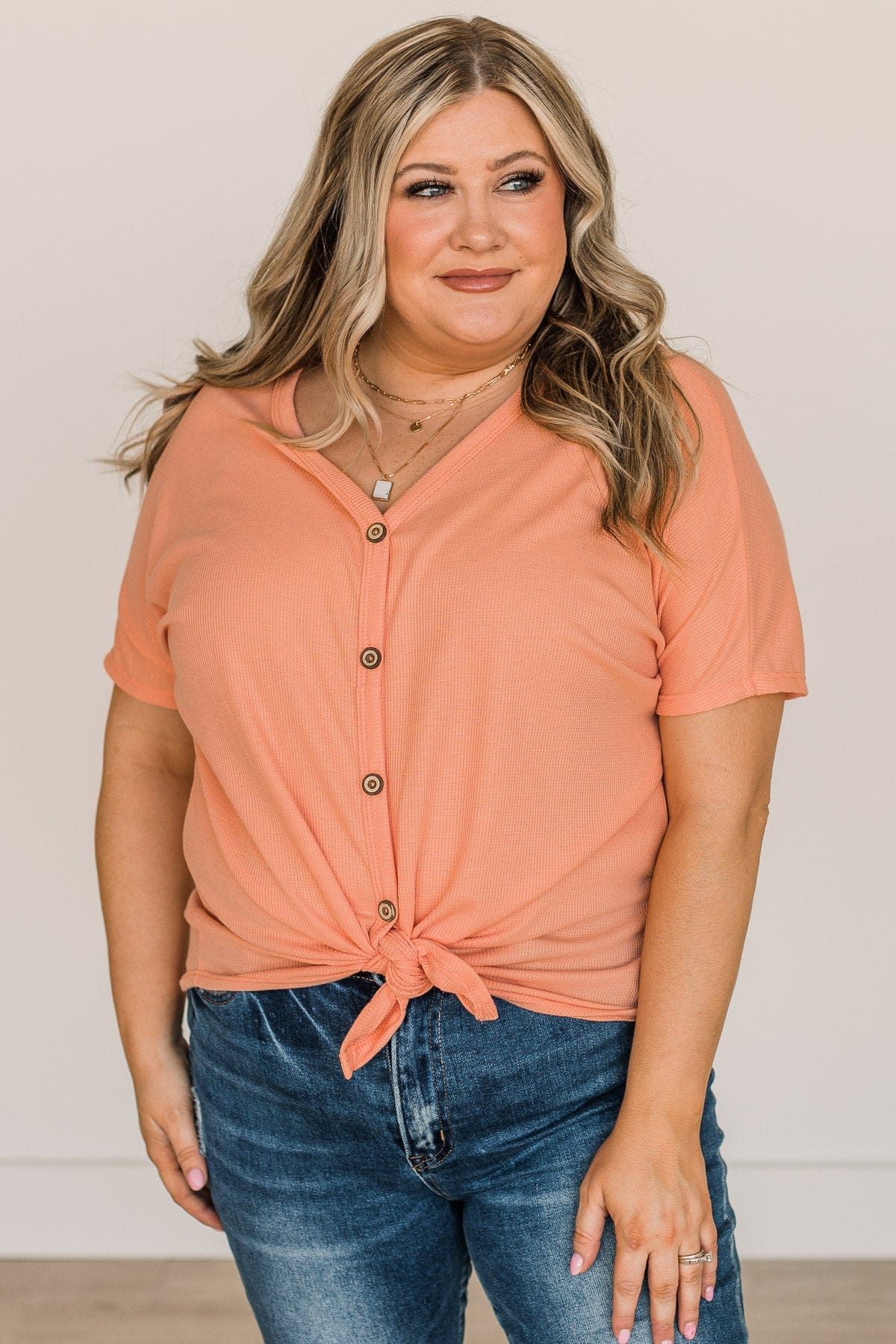 Looking Good Thermal Short Sleeve Top- Coral - Image 4