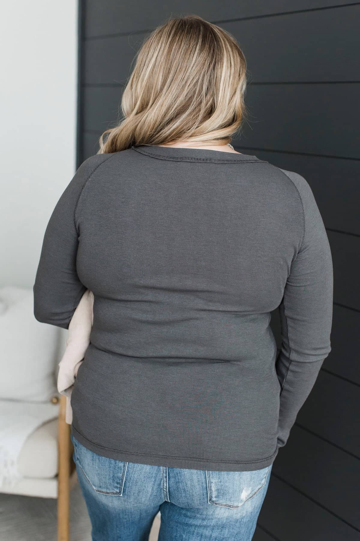 Looking Great Long Sleeve Ribbed Top- Charcoal - Image 8