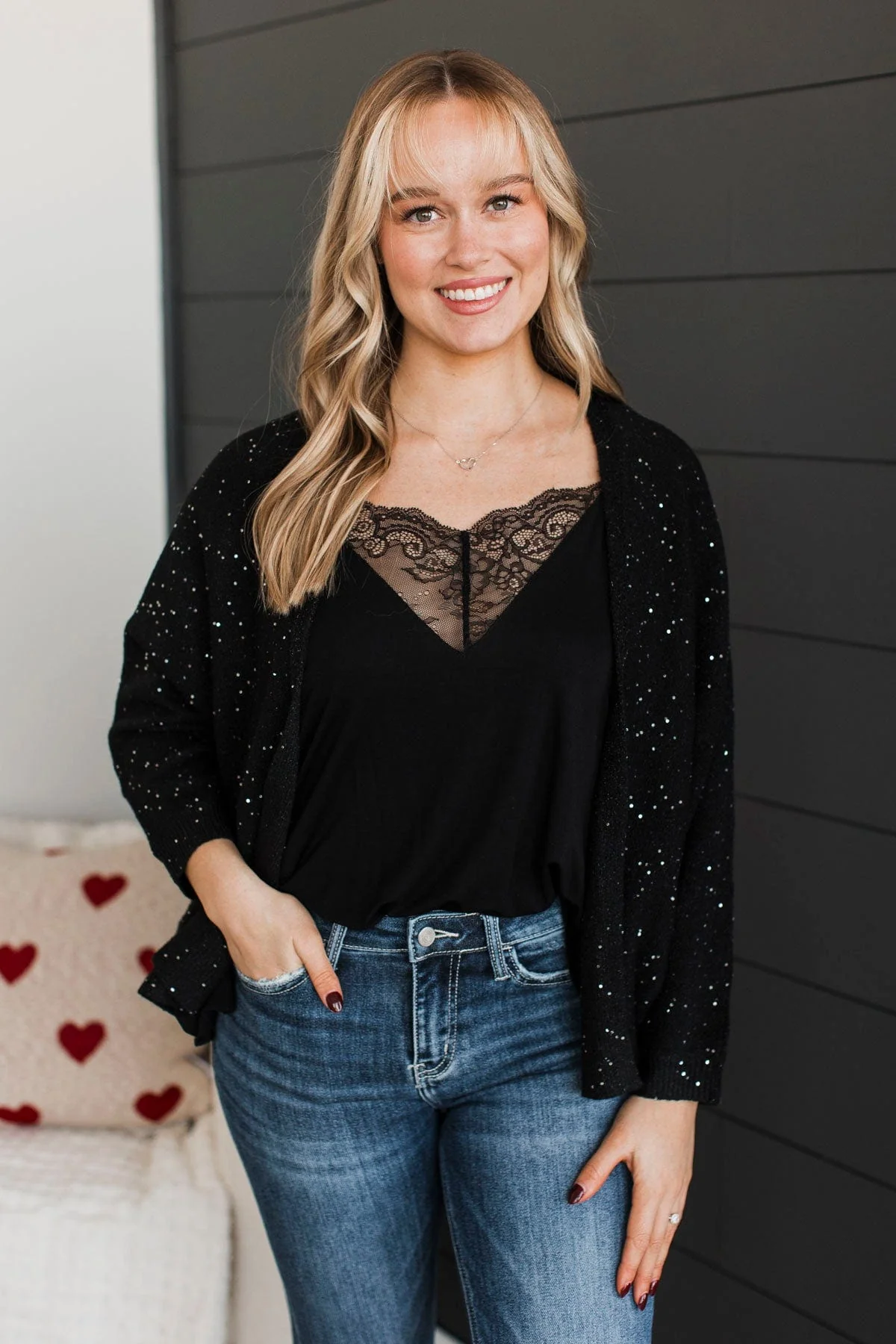 Looking Sophisticated Sequin Knit Cardigan- Black - Image 4