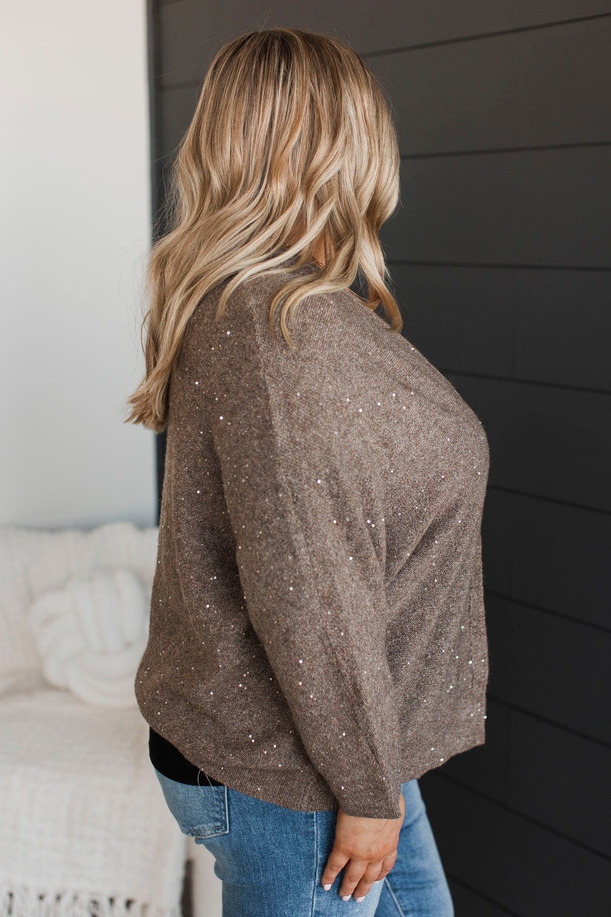 Looking Sophisticated Sequin Knit Cardigan- Mocha - Image 5