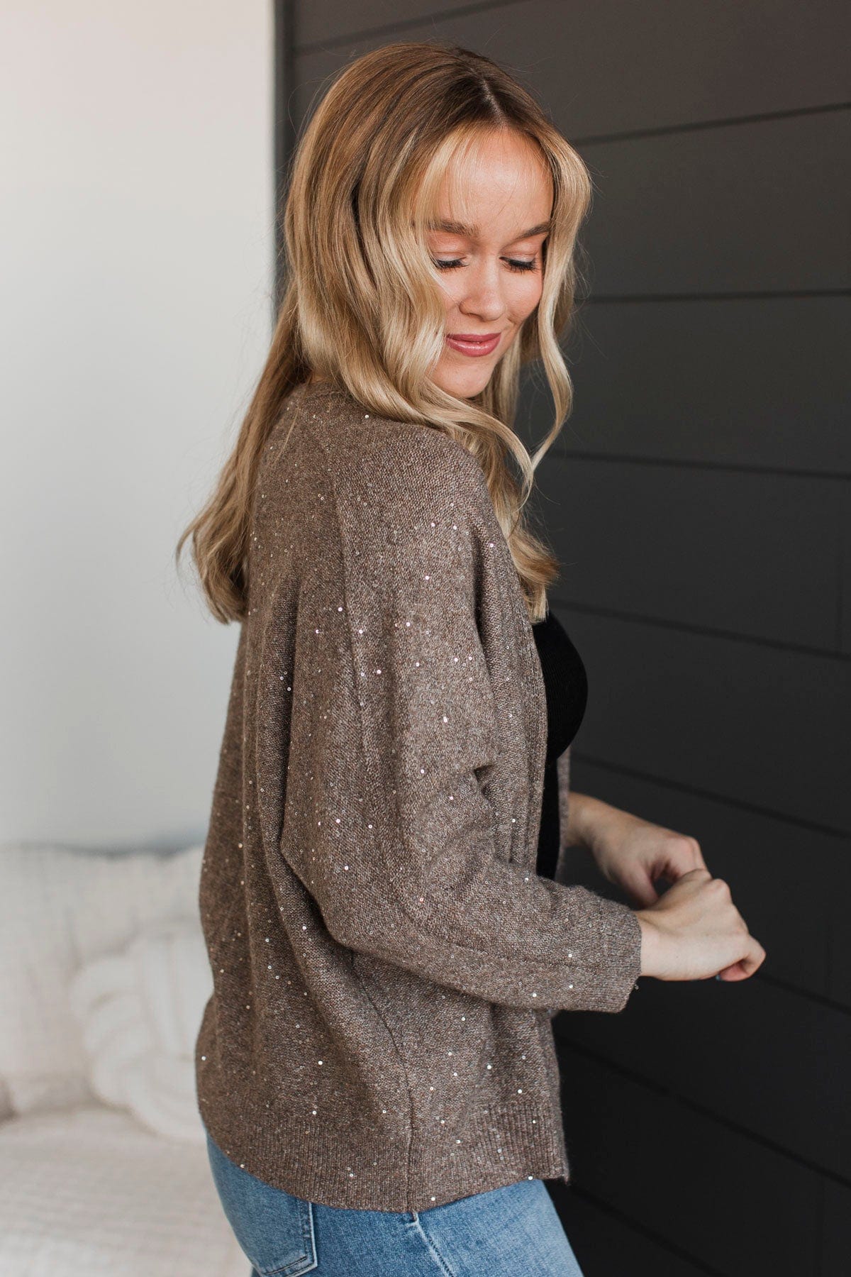 Looking Sophisticated Sequin Knit Cardigan- Mocha - Image 6