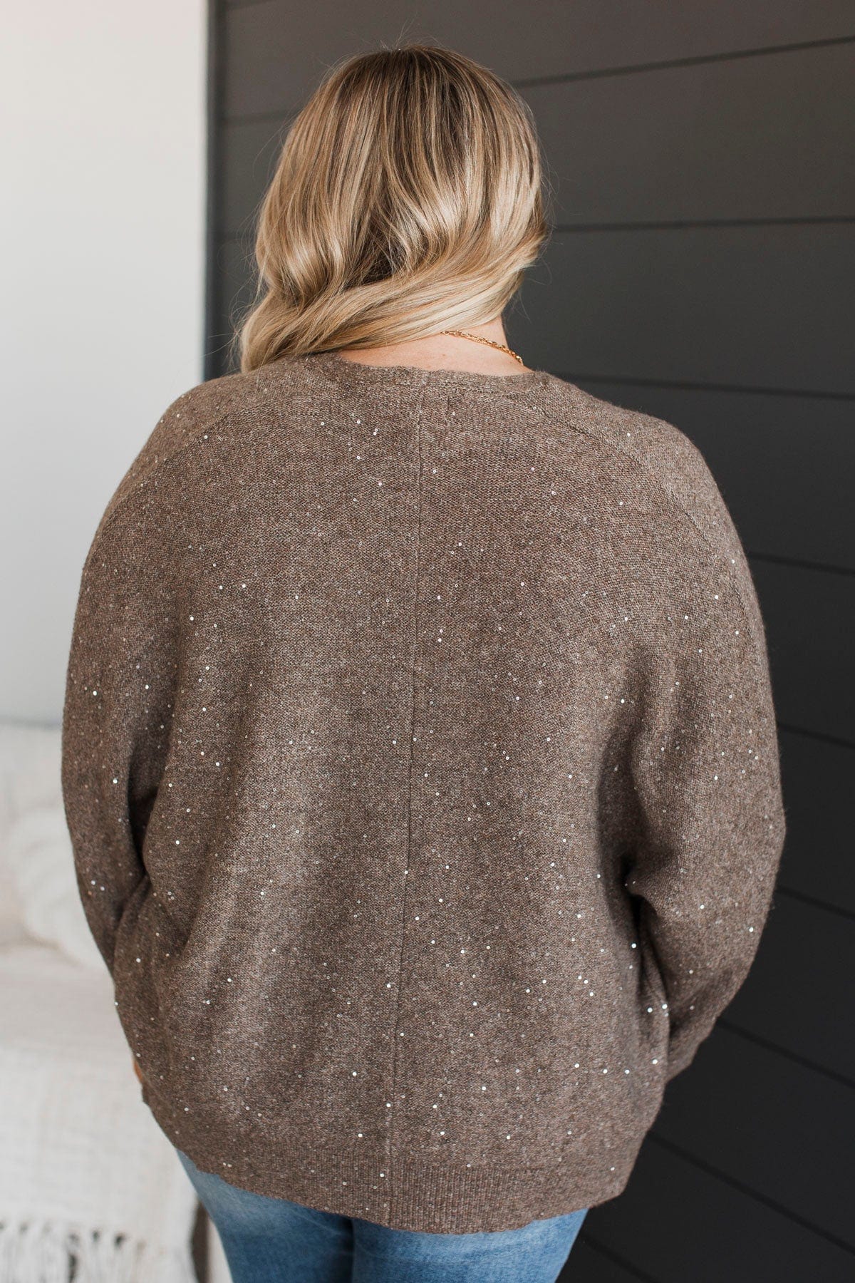 Looking Sophisticated Sequin Knit Cardigan- Mocha - Image 7