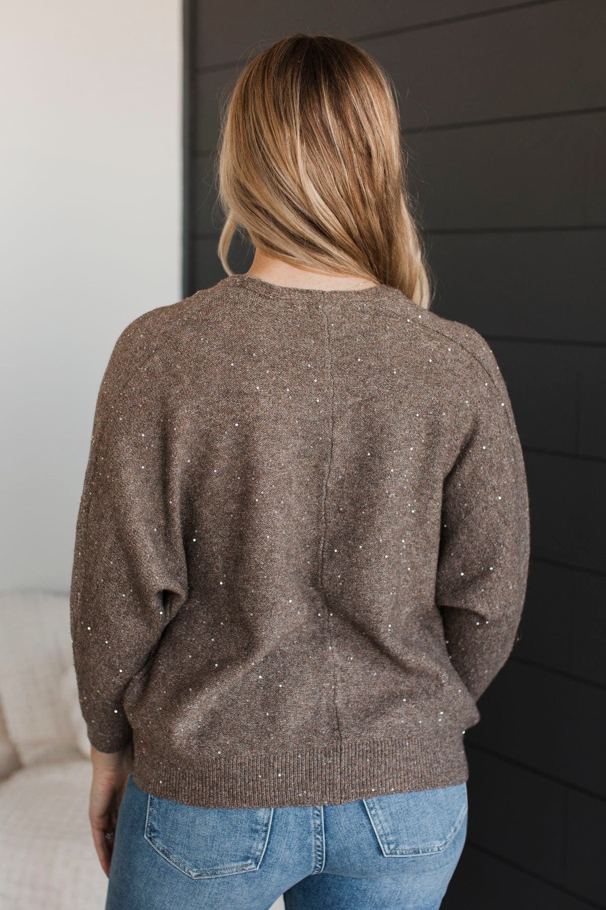 Looking Sophisticated Sequin Knit Cardigan- Mocha - Image 8
