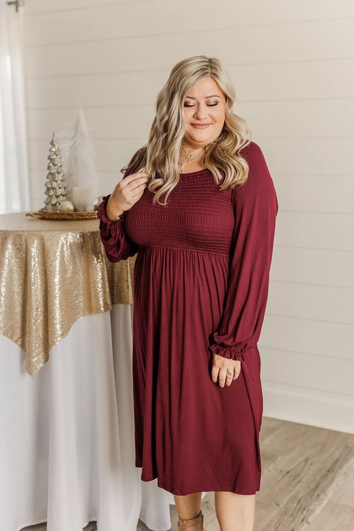 Lost In Memories Long Sleeve Dress- Wine - Image 8