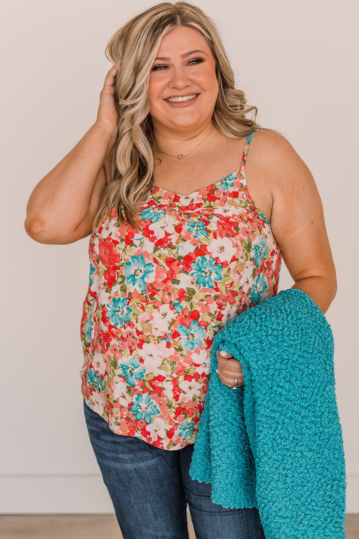 Lost In The Flowers Tank Top- Coral & Blue - Image 5