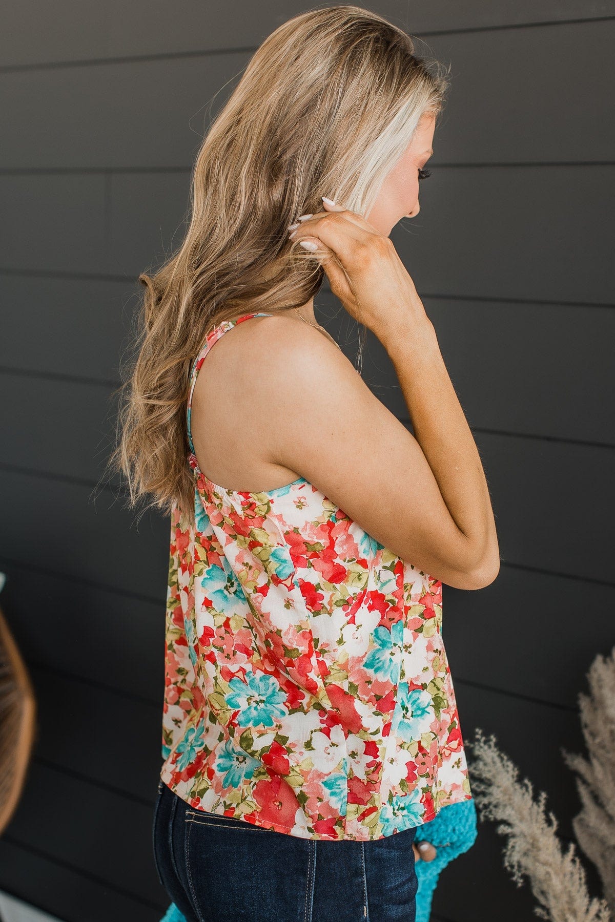 Lost In The Flowers Tank Top- Coral & Blue - Image 6