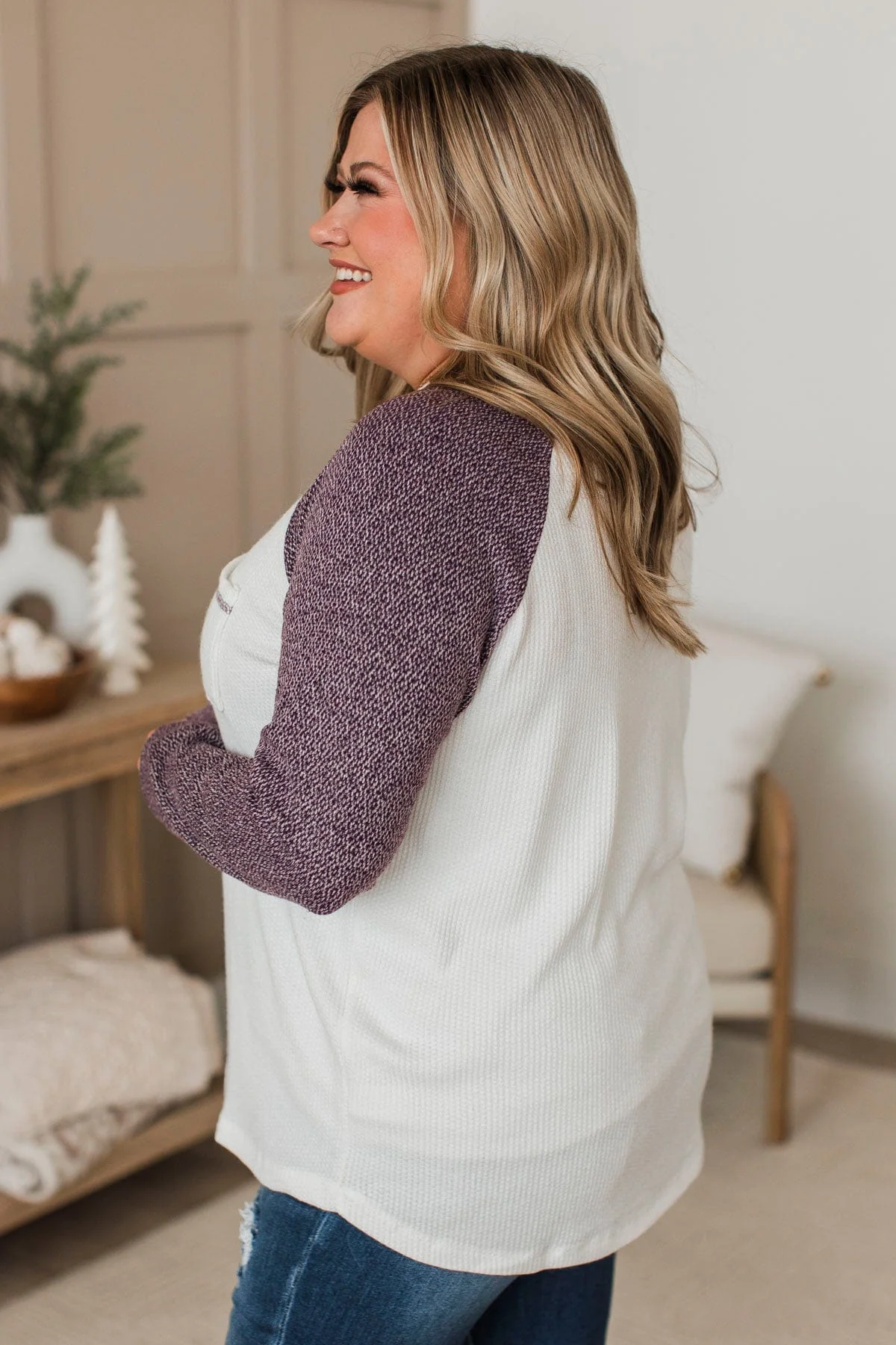 Lost In Thoughts Knit Top- Ivory & Purple - Image 6