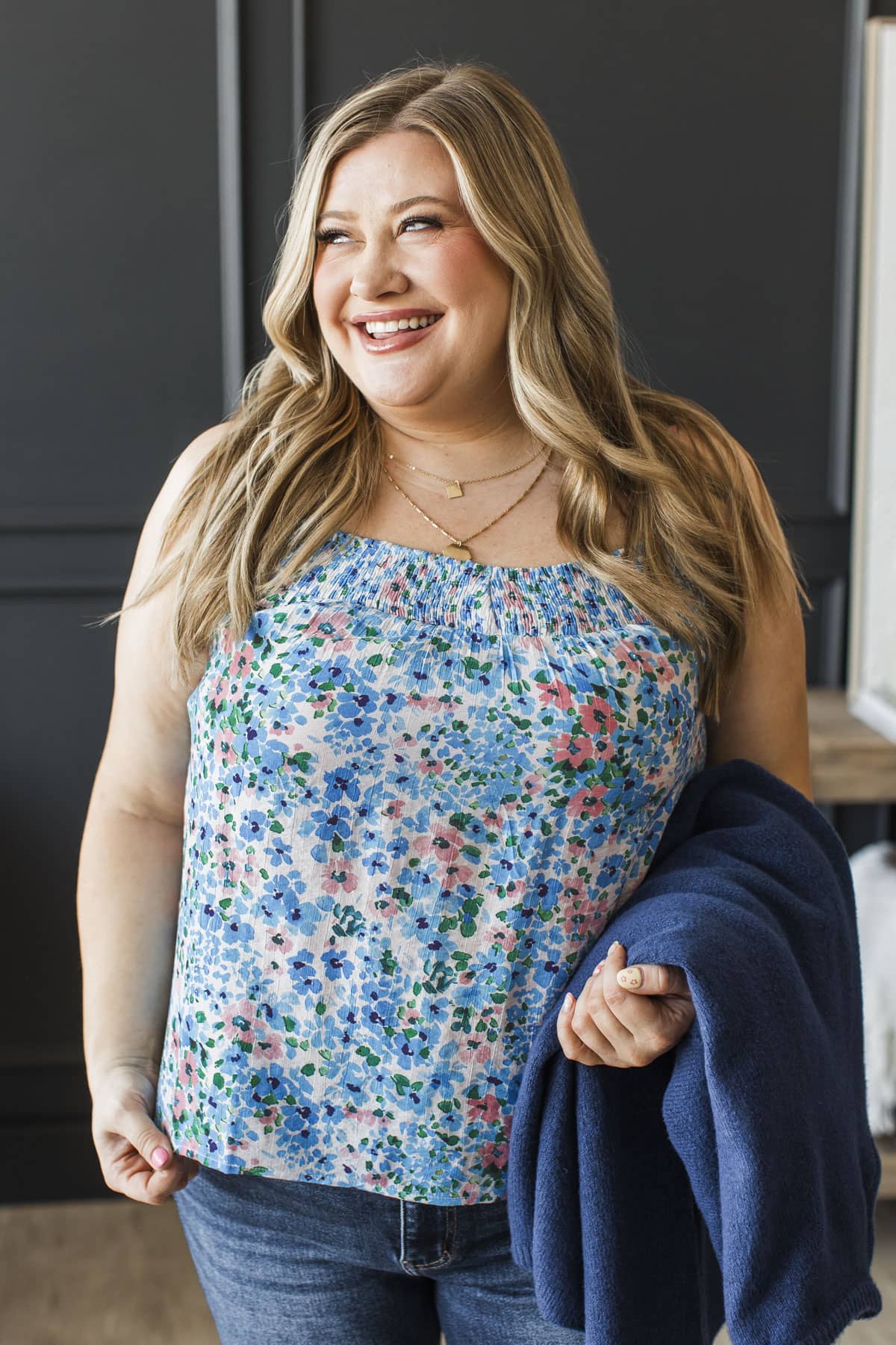 Love Abundantly Floral Tank Top- Ivory & Blue
