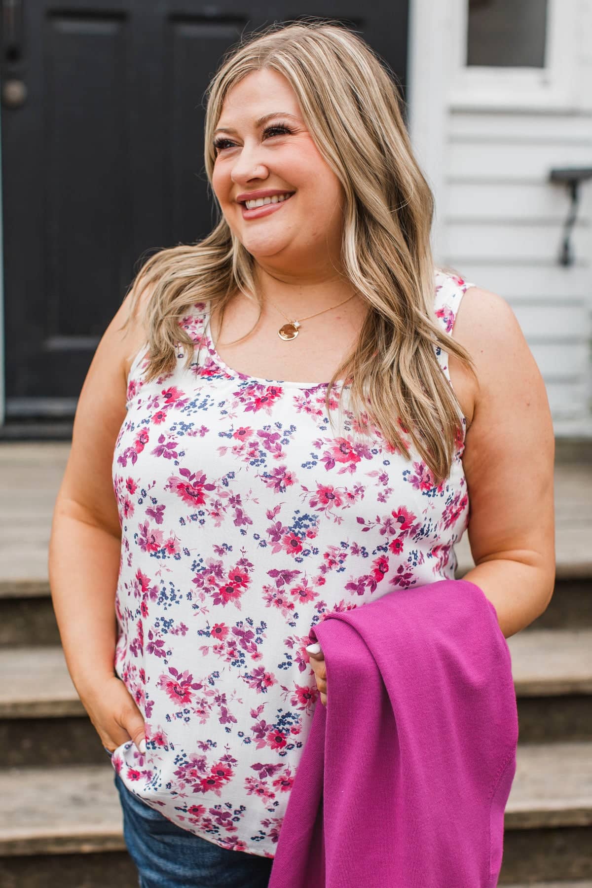Love Fearlessly Floral Tank Top- Ivory & Magenta - Image 3