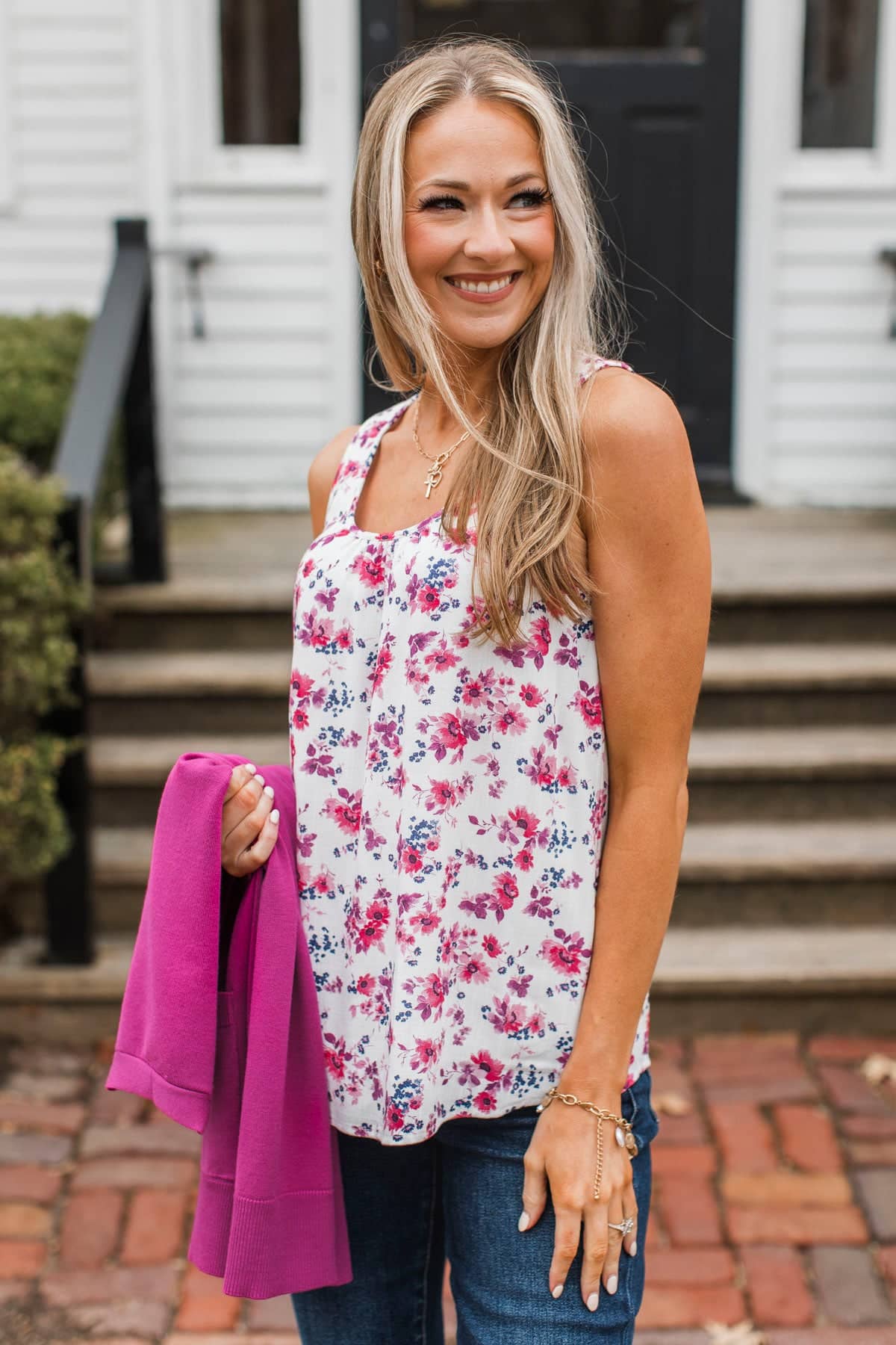 Love Fearlessly Floral Tank Top- Ivory & Magenta - Image 4