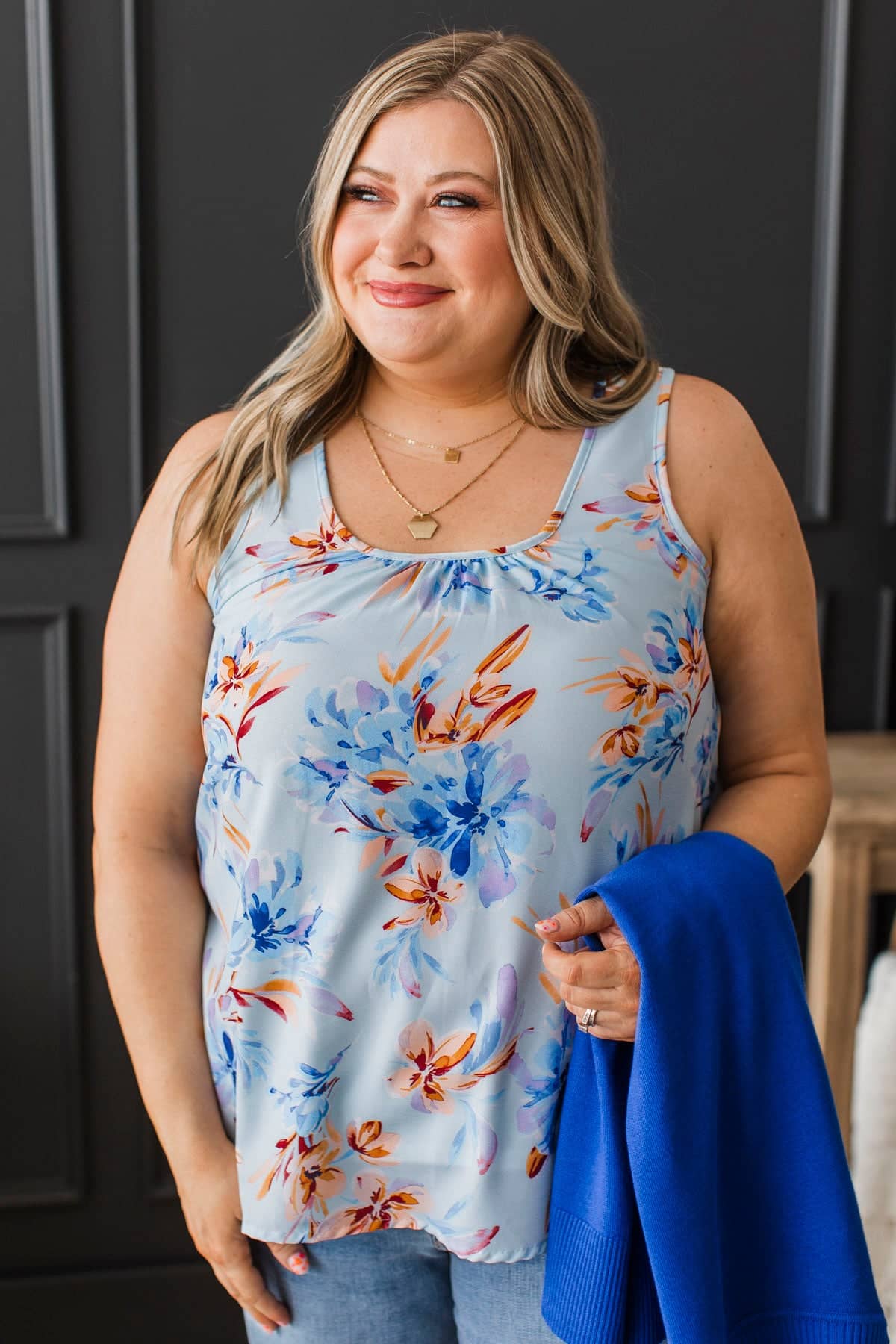 Love Fearlessly Floral Tank Top- Light Blue & Royal - Image 3