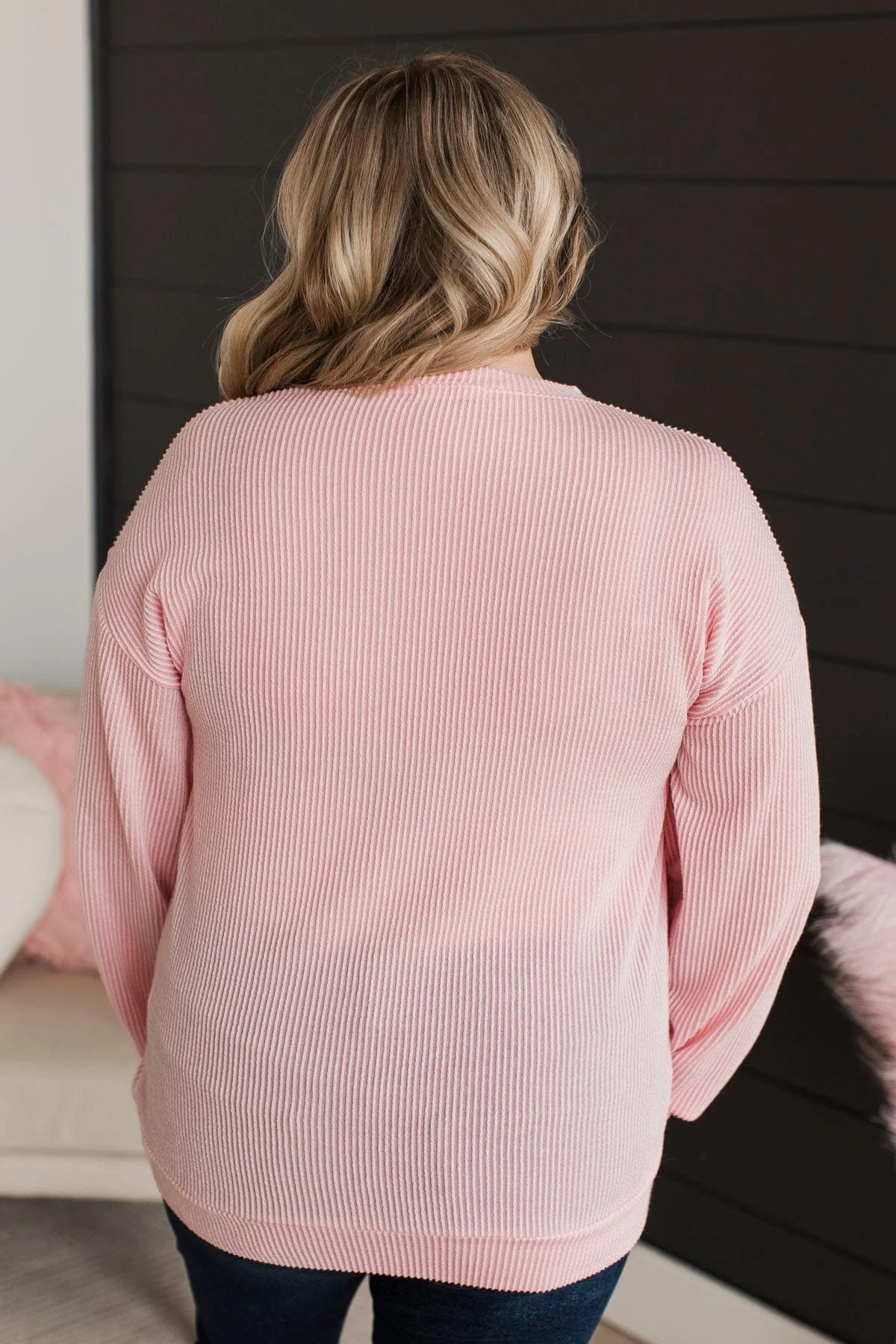 "Love" Graphic Ribbed Knit Top- Light Pink - Image 7