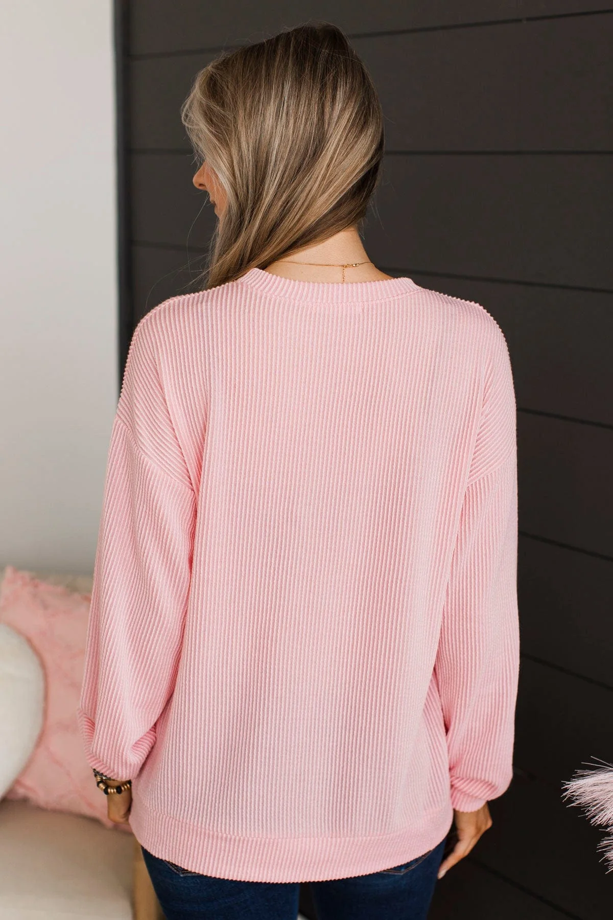 "Love" Graphic Ribbed Knit Top- Light Pink - Image 8
