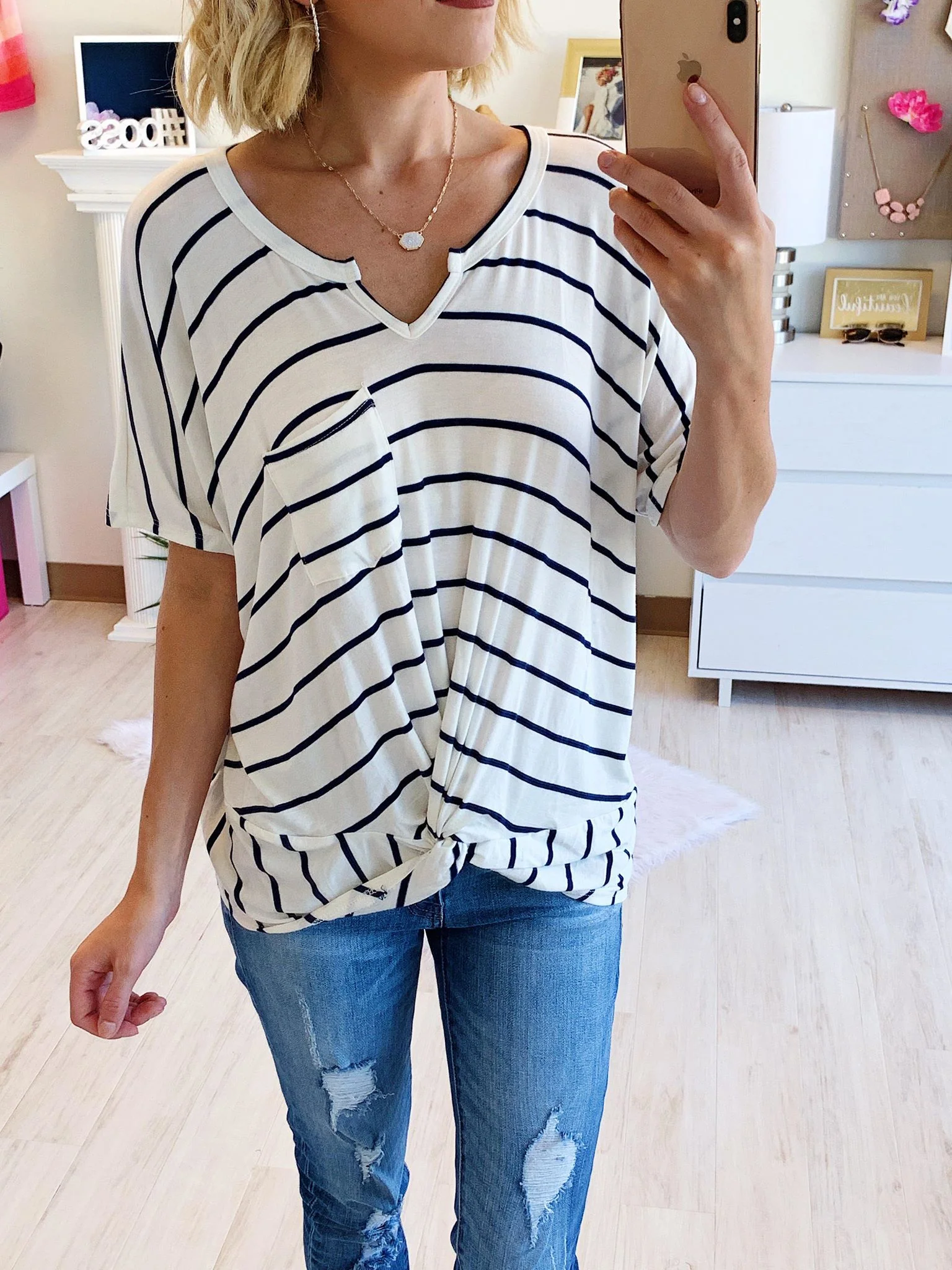 Love Has A Way Short Sleeve Dolman Top- Ivory & Navy - Image 2