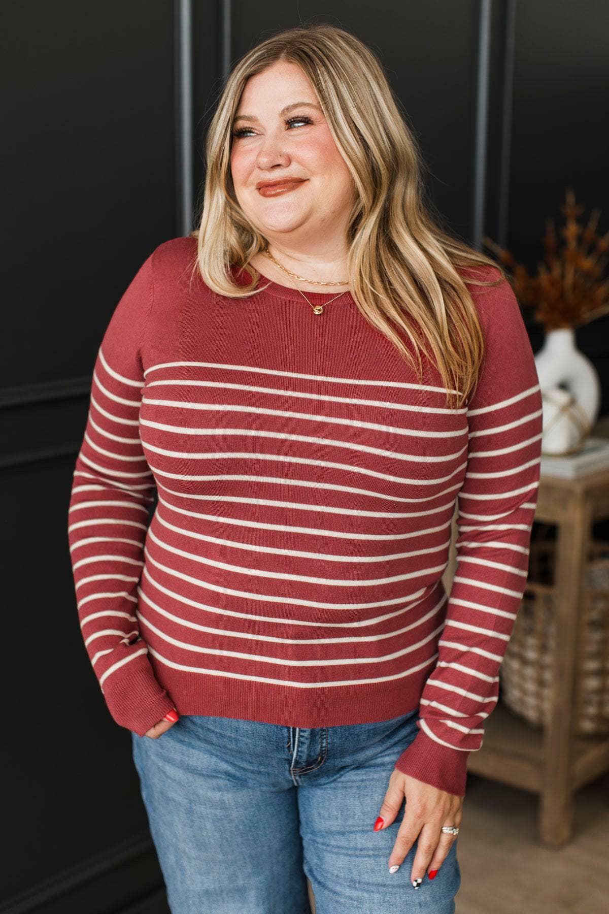 Love Is Calling Striped Sweater- Brick Red - Image 3