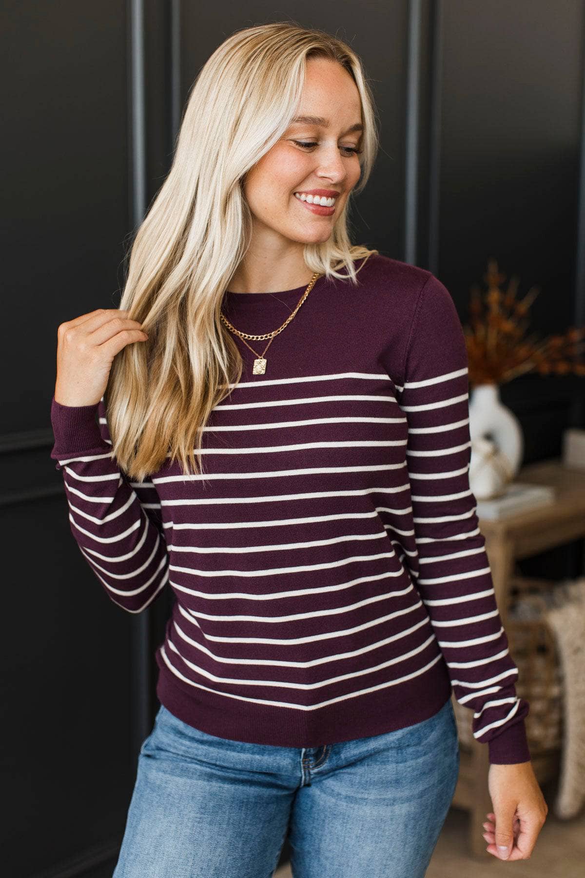 Love Is Calling Striped Sweater- Eggplant - Image 2