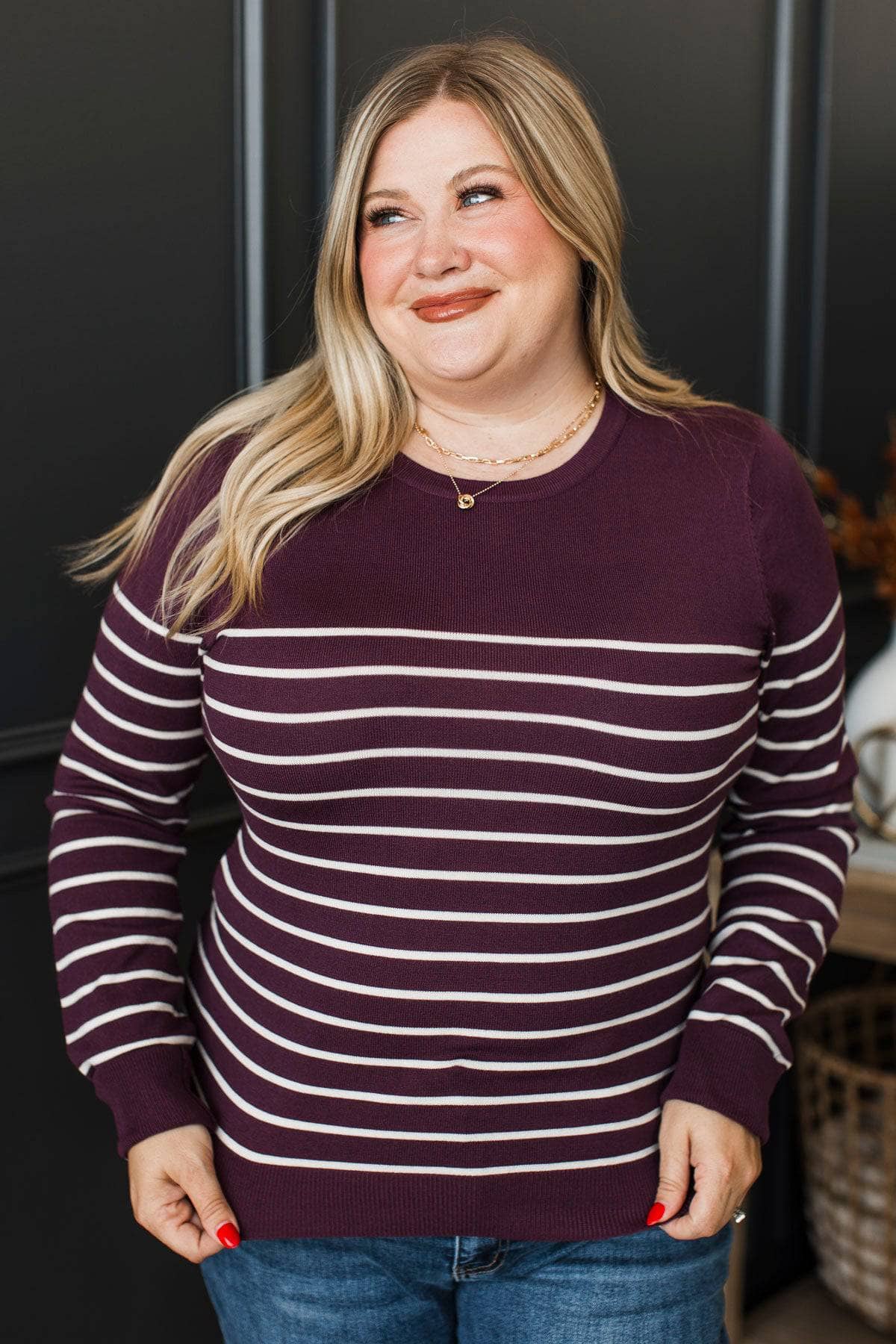 Love Is Calling Striped Sweater- Eggplant - Image 3